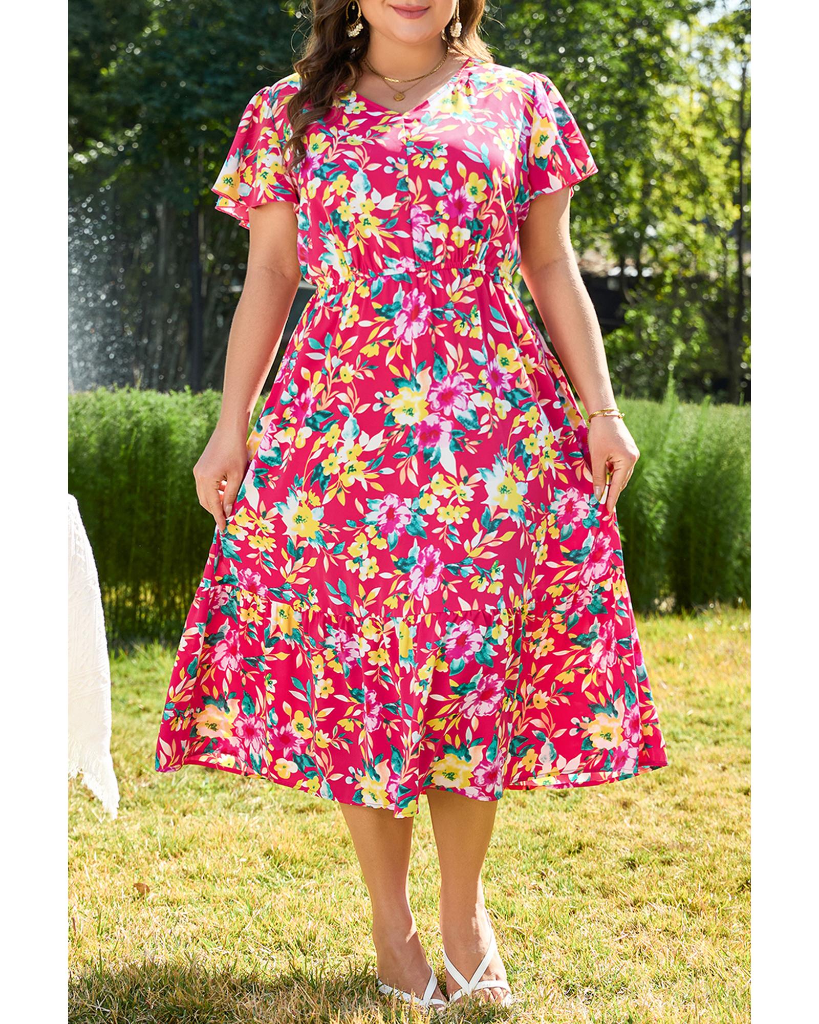 Pink Floral Print V Neck Pocketed High Waist Plus Size Midi Dress - 4X 7