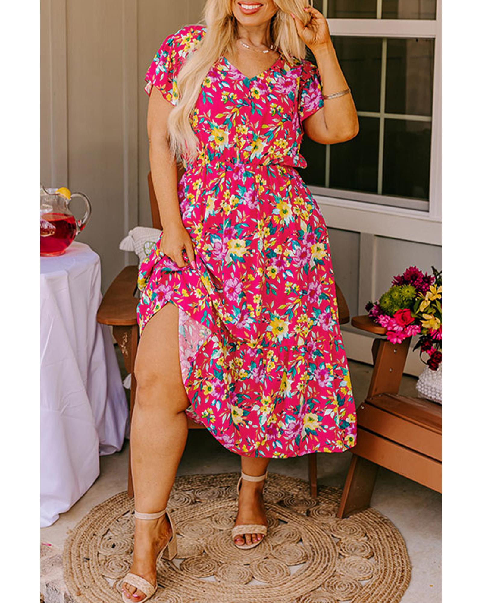 Pink Floral Print V Neck Pocketed High Waist Plus Size Midi Dress - 4X 8