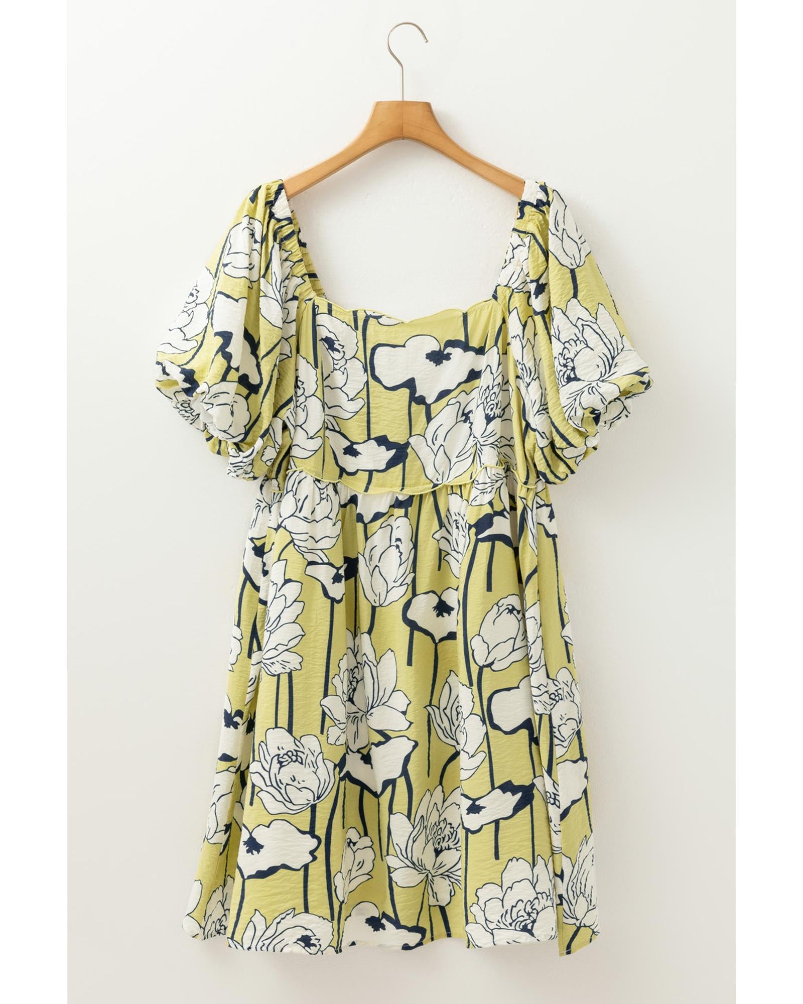 Green Plus Size Floral Print Shirred Square Neck Puff Sleeve Dress - 2X 6
