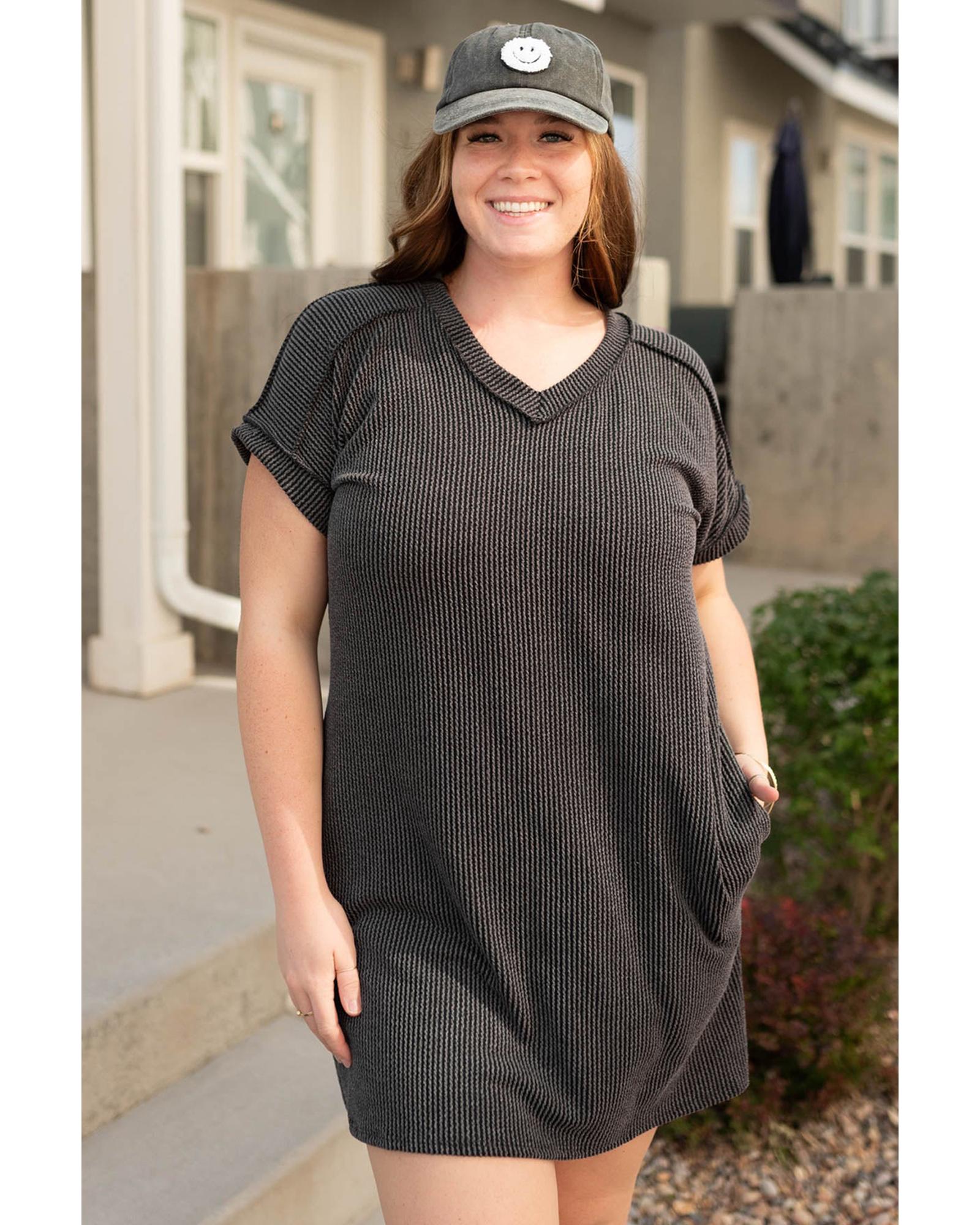 Carbon Grey Corded V Neck Plus Size T Shirt Dress with Pockets - 2X 5