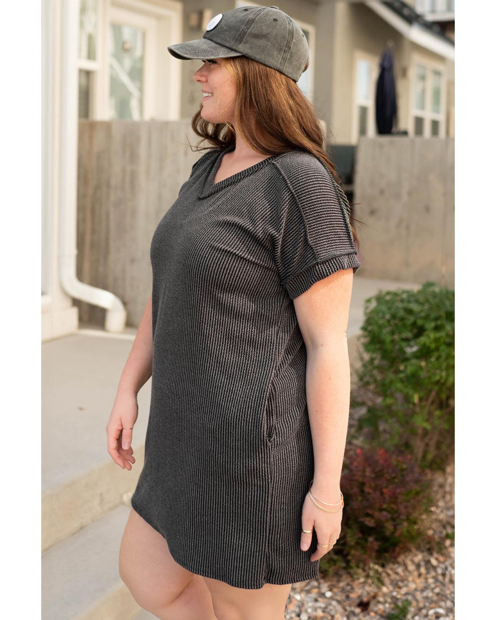 Carbon Grey Corded V Neck Plus Size T Shirt Dress with Pockets - 3X 3