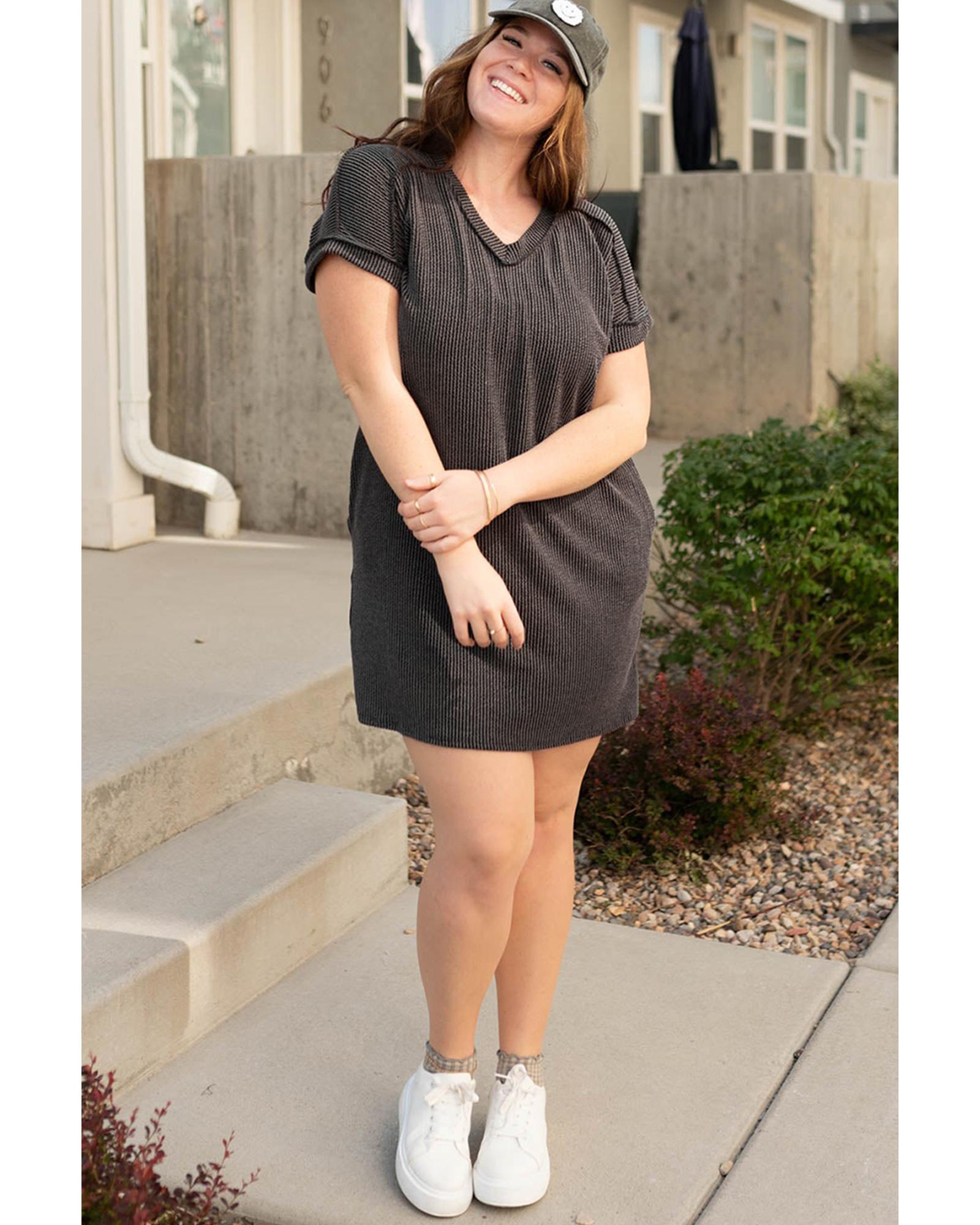 Carbon Grey Corded V Neck Plus Size T Shirt Dress with Pockets - 3X 4