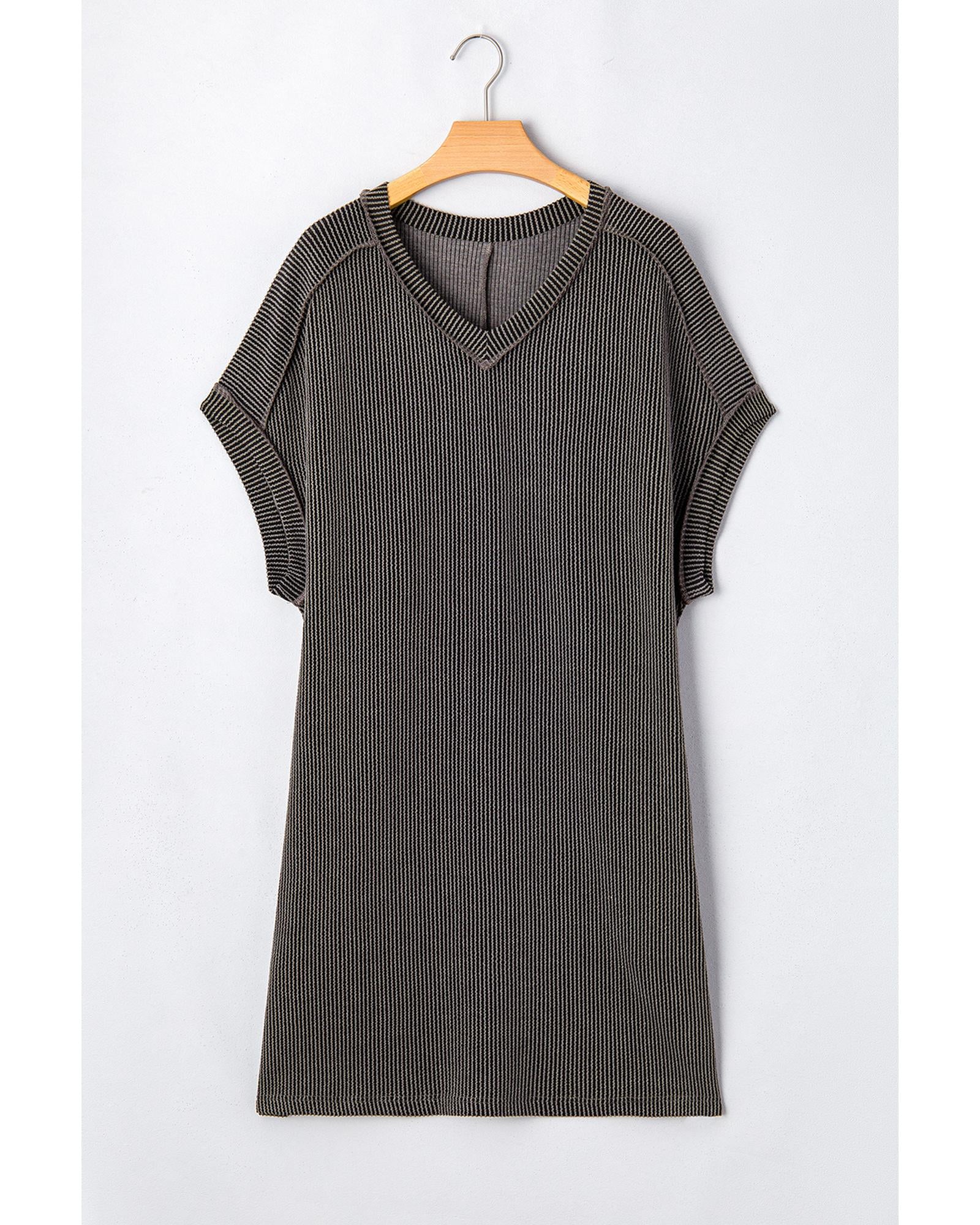 Carbon Grey Corded V Neck Plus Size T Shirt Dress with Pockets - 3X 6