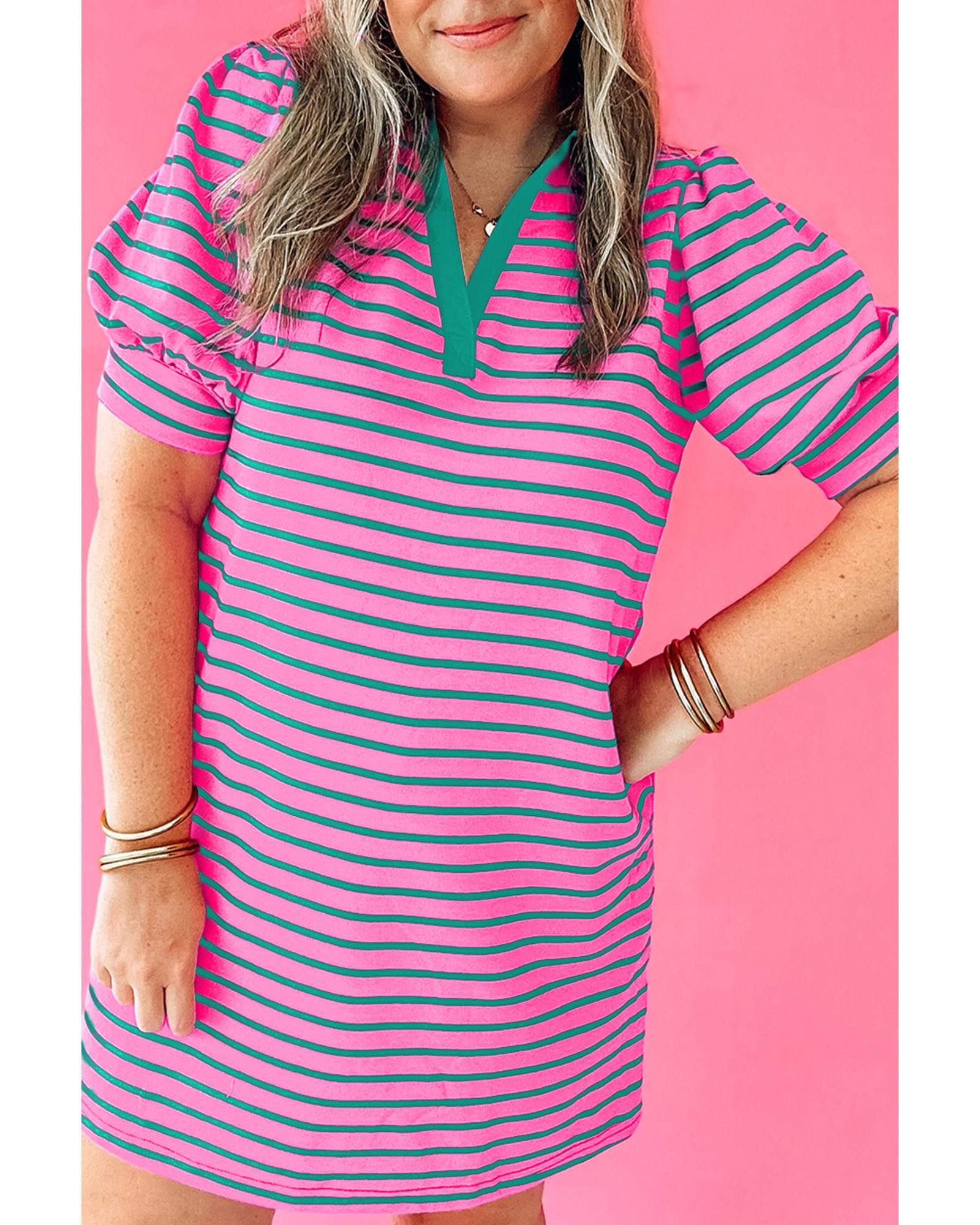 Rose Stripe Collared V Neck Puff Sleeve Shift T Shirt Dress with Pockets - 1X
