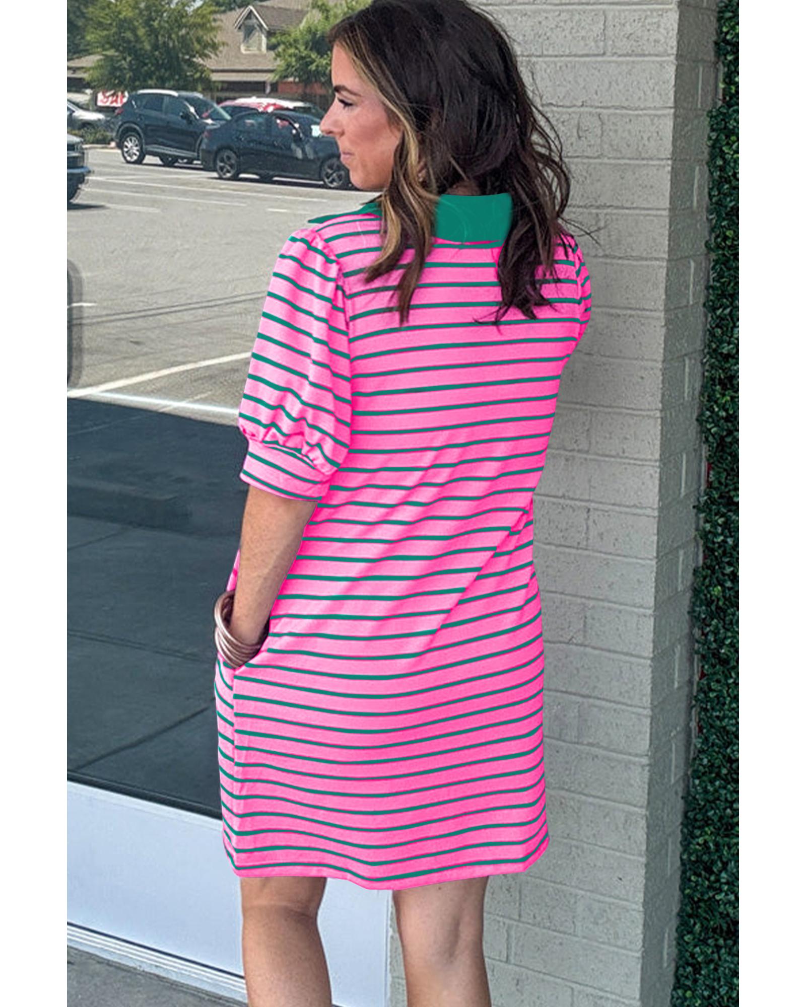 Rose Stripe Collared V Neck Puff Sleeve Shift T Shirt Dress with Pockets - 2X