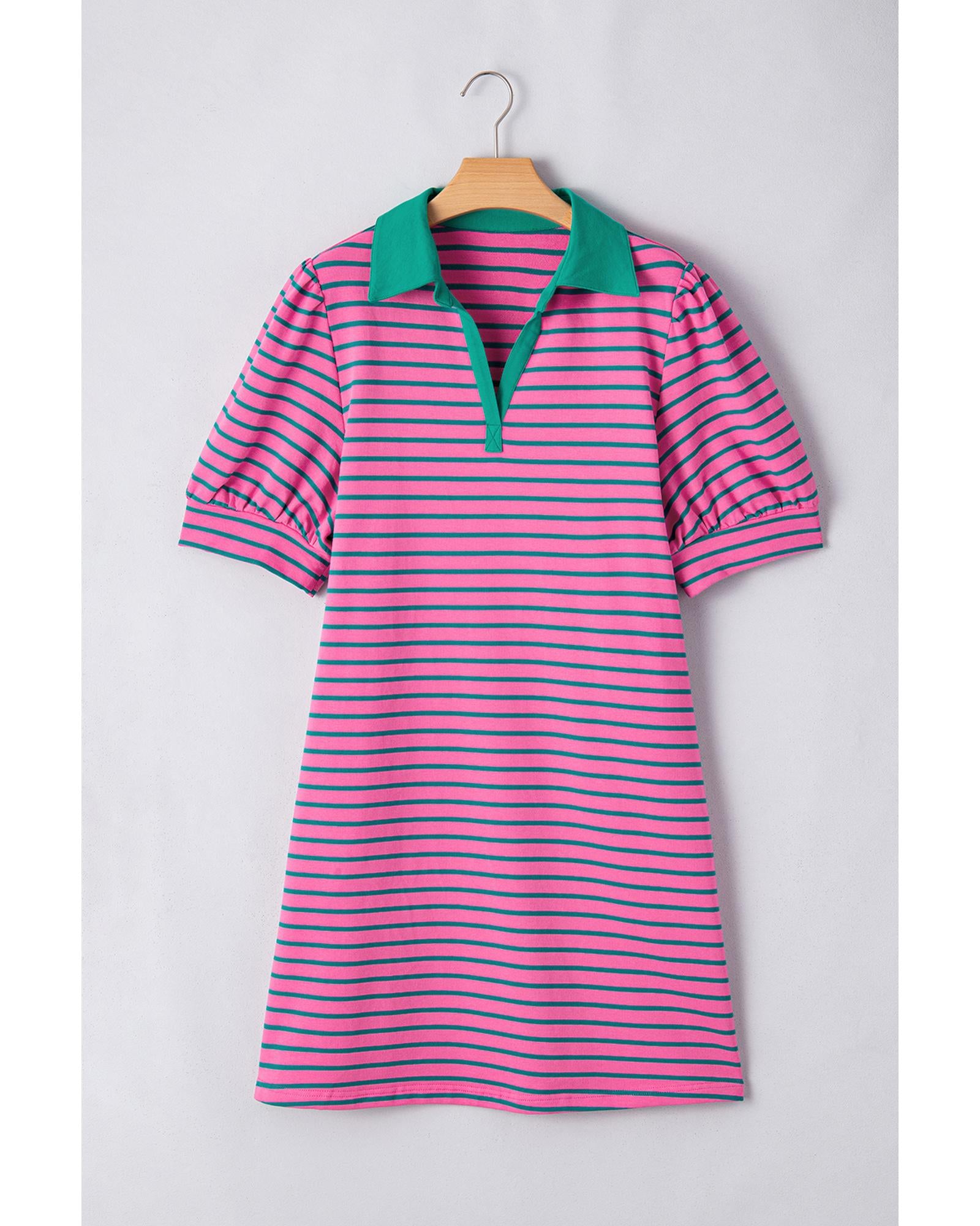Rose Stripe Collared V Neck Puff Sleeve Shift T Shirt Dress with Pockets - 2X 5