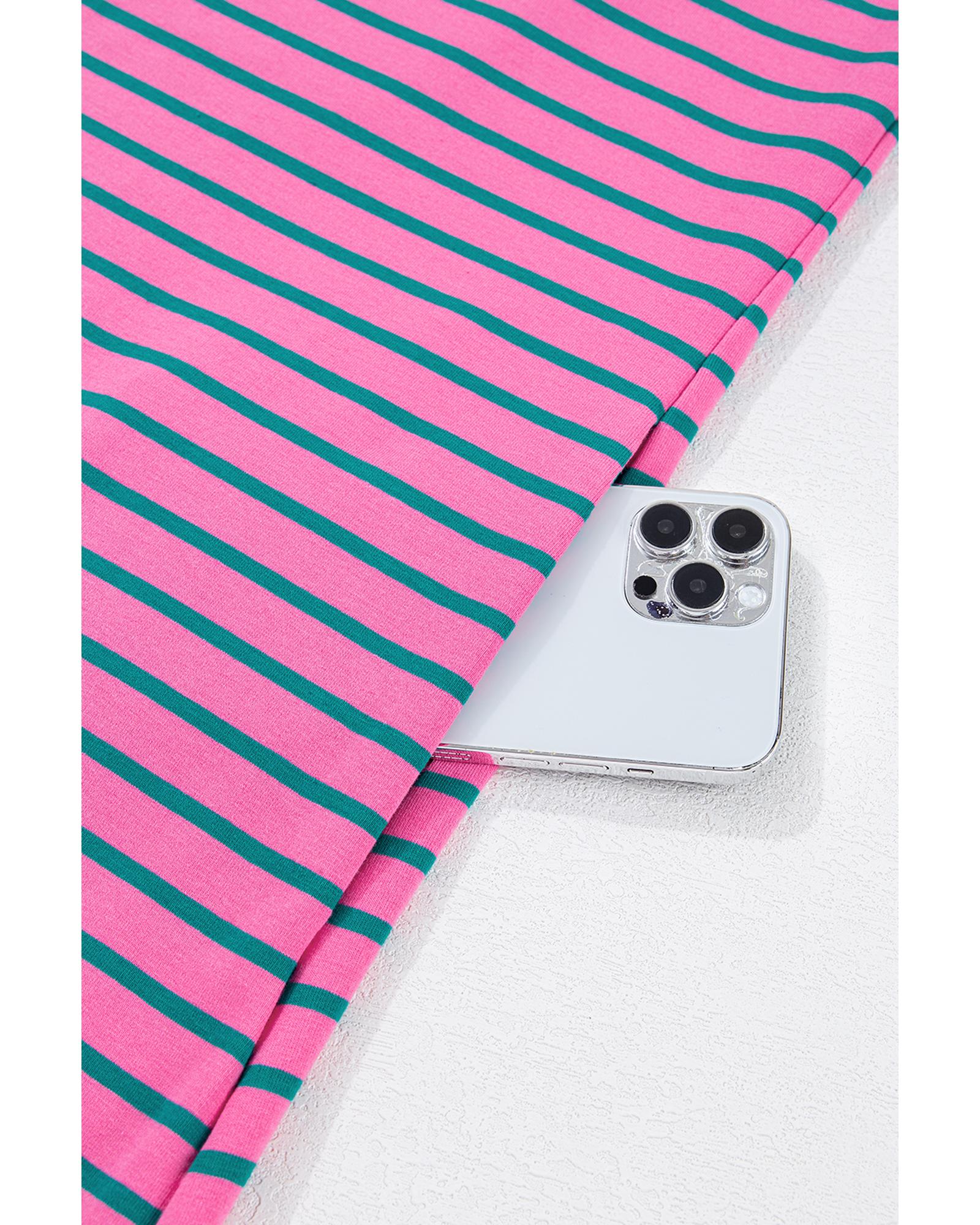 Rose Stripe Collared V Neck Puff Sleeve Shift T Shirt Dress with Pockets - 3X 8