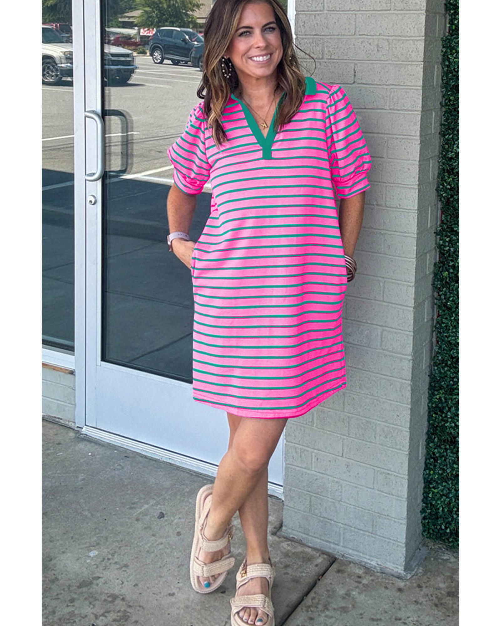 Rose Stripe Collared V Neck Puff Sleeve Shift T Shirt Dress with Pockets - 4X 3