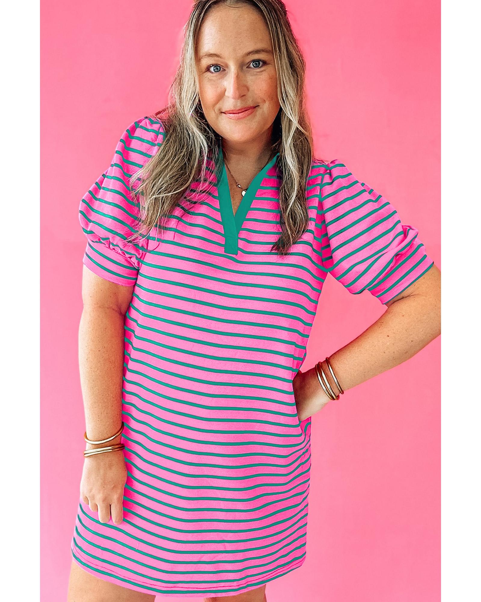 Rose Stripe Collared V Neck Puff Sleeve Shift T Shirt Dress with Pockets - 4X 4