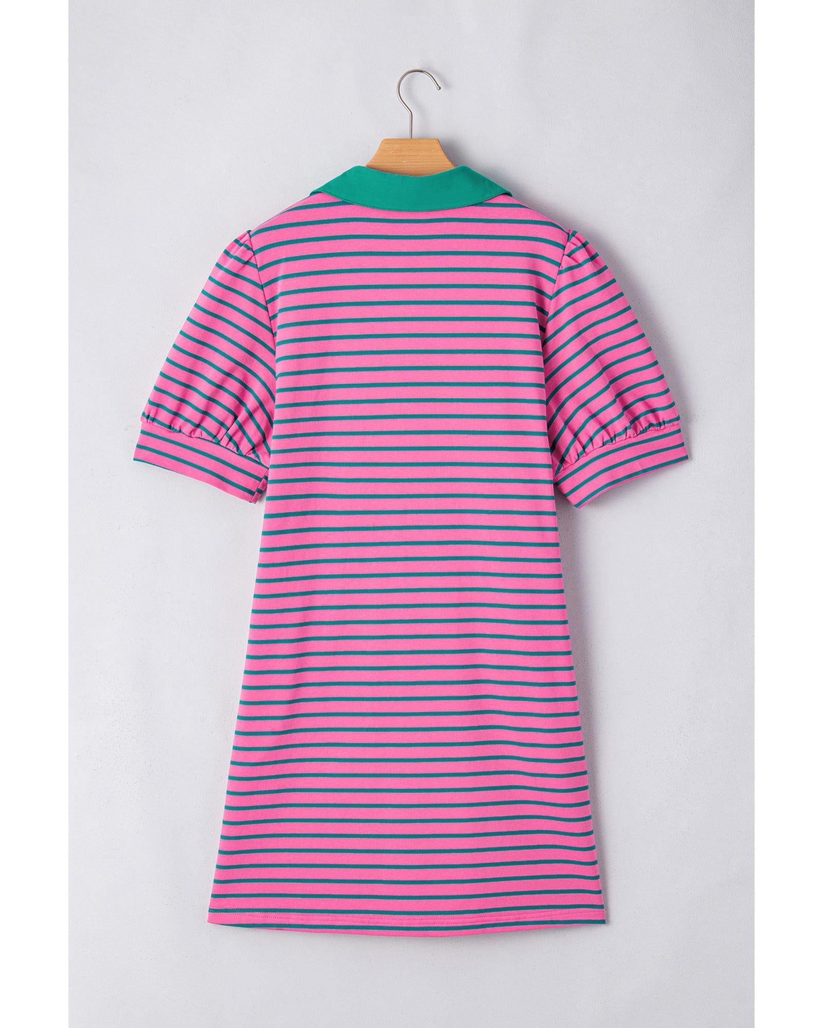 Rose Stripe Collared V Neck Puff Sleeve Shift T Shirt Dress with Pockets - 4X 6
