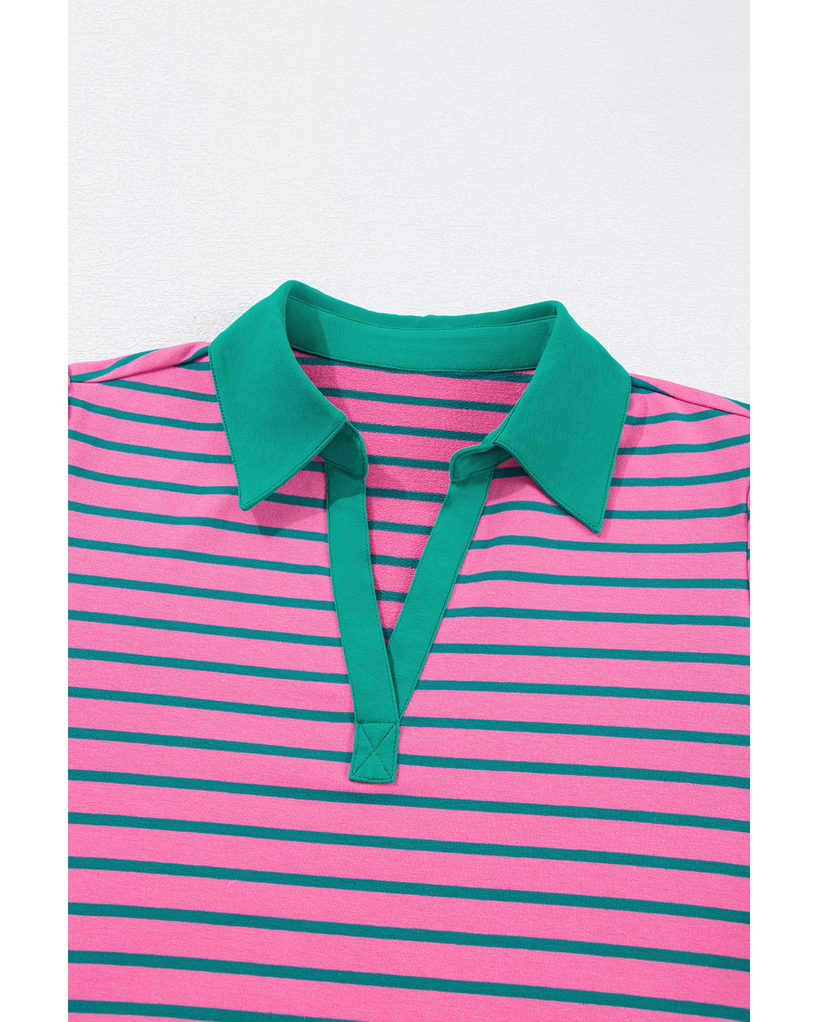 Rose Stripe Collared V Neck Puff Sleeve Shift T Shirt Dress with Pockets - 4X 7