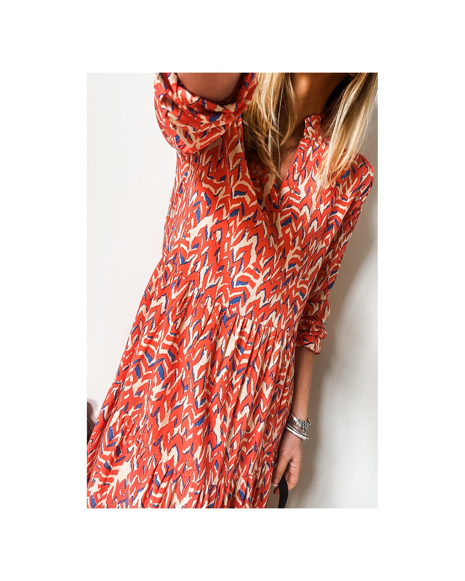 Red Plus Size Abstract Print Notch V Neck High Waist Maxi Dress - 1X 6