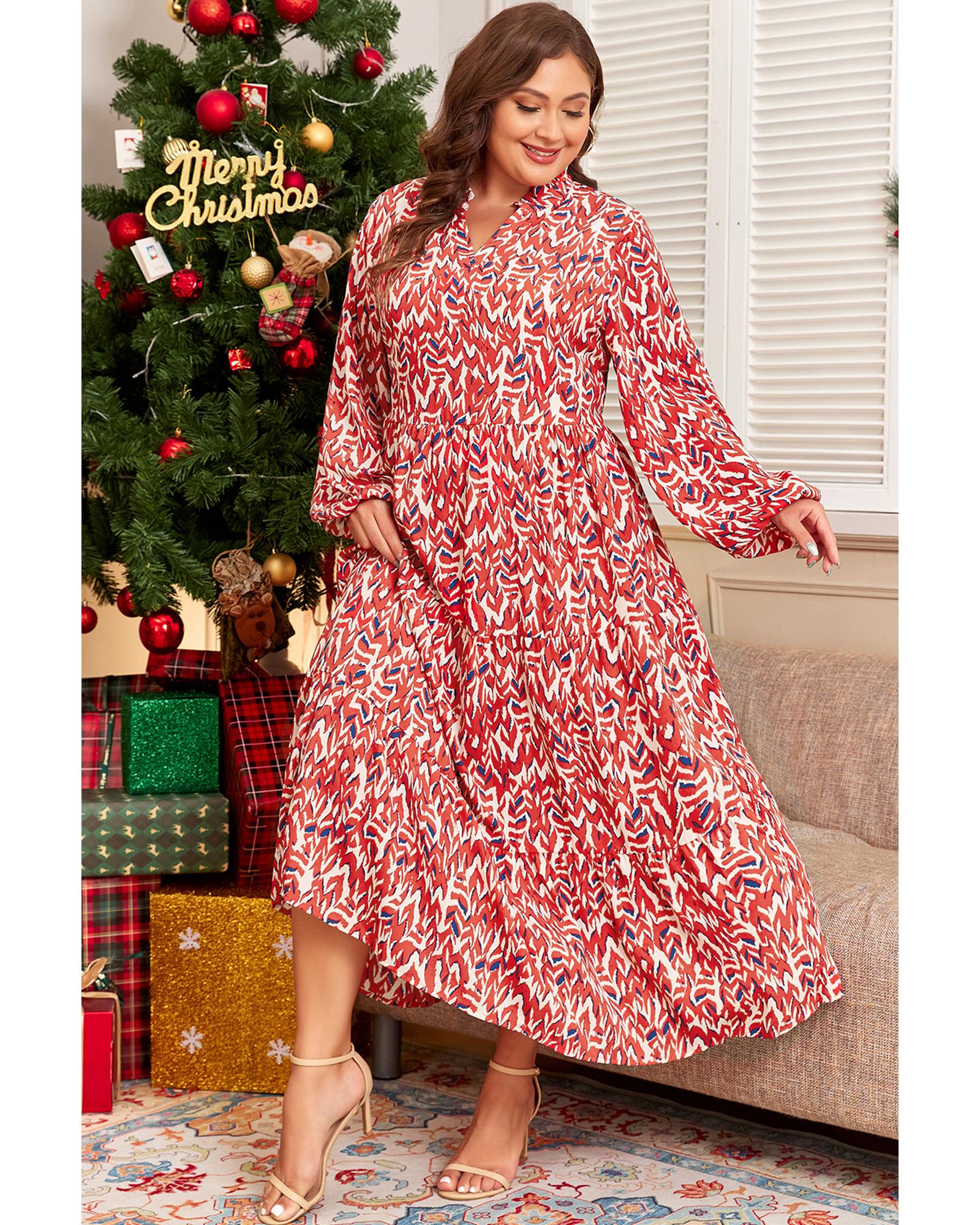 Red Plus Size Abstract Print Notch V Neck High Waist Maxi Dress - 2X 5