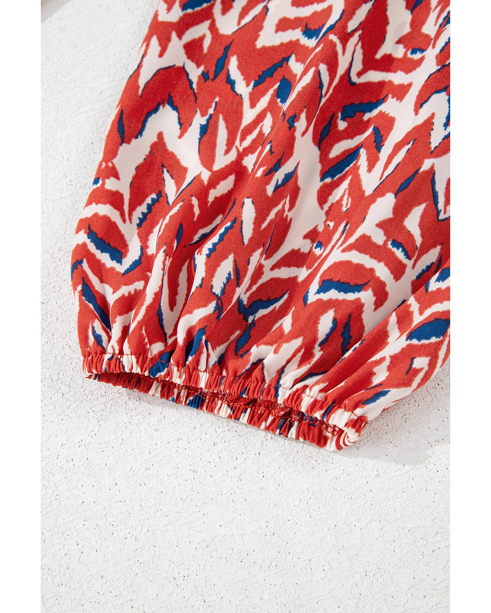 Red Plus Size Abstract Print Notch V Neck High Waist Maxi Dress - 2X 7