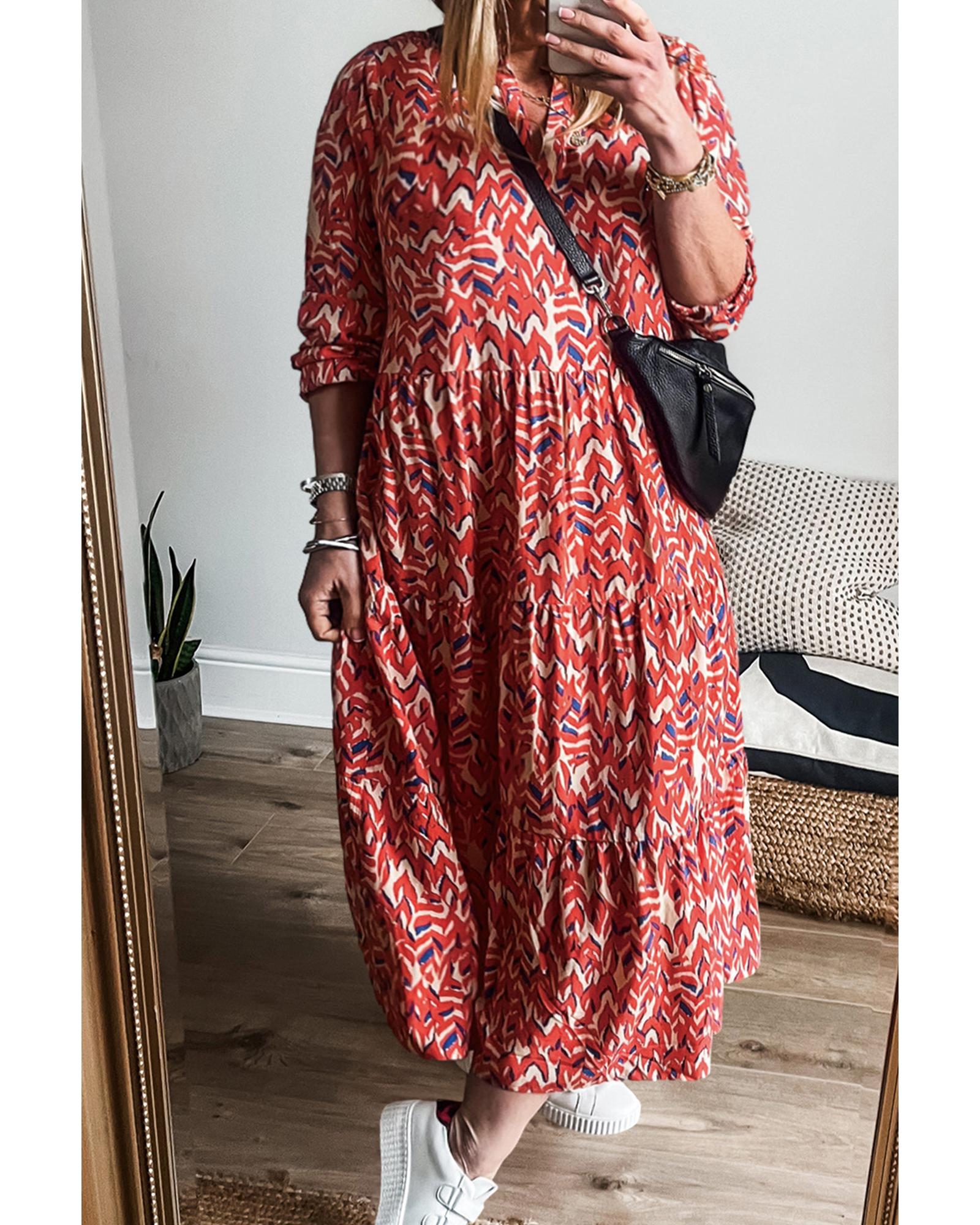 Red Plus Size Abstract Print Notch V Neck High Waist Maxi Dress - 3X 4