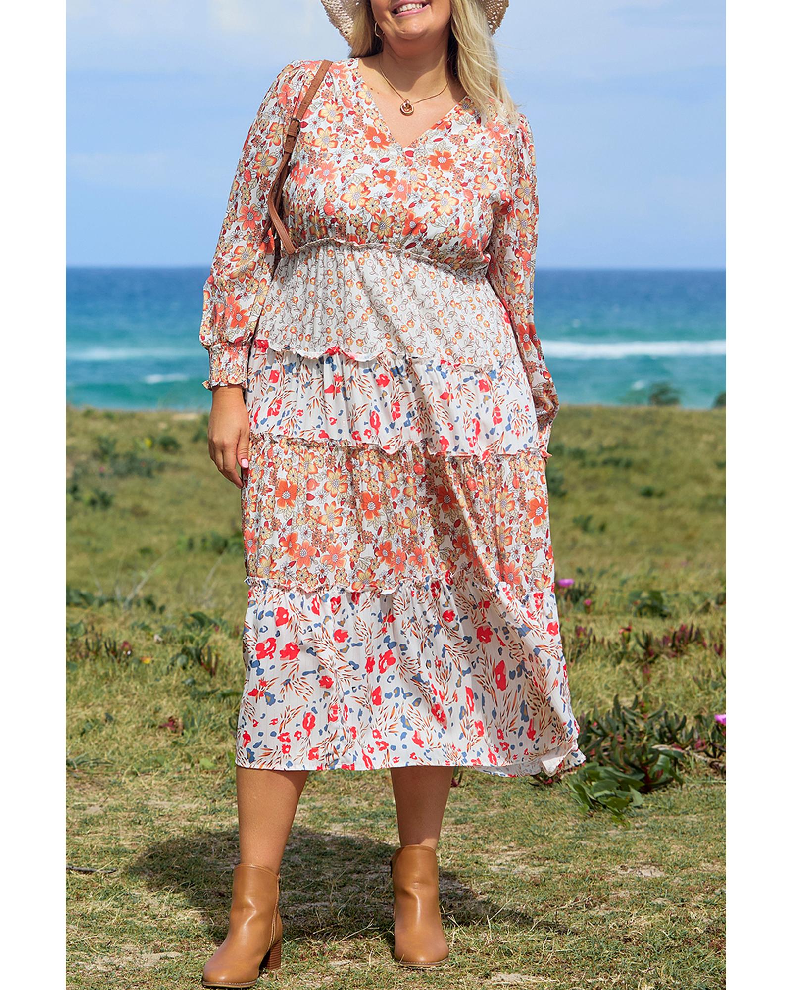 Khaki Plus Size Floral Tiered Ruffle Maxi Dress - 1X 7