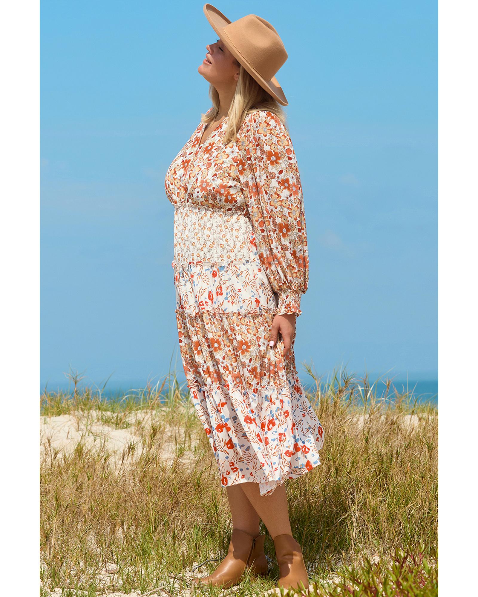 Khaki Plus Size Floral Tiered Ruffle Maxi Dress - 3X 8