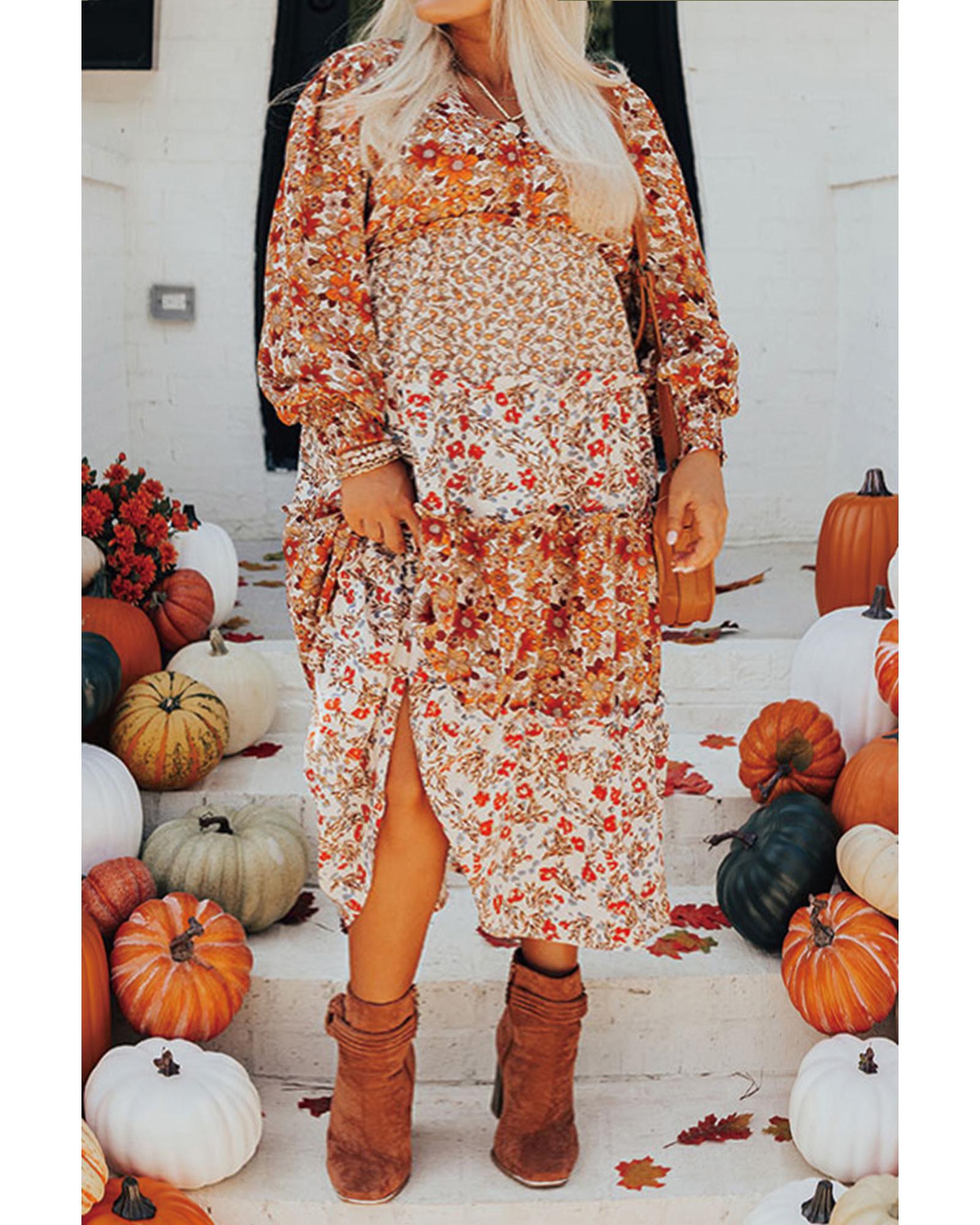 Khaki Plus Size Floral Tiered Ruffle Maxi Dress - 4X