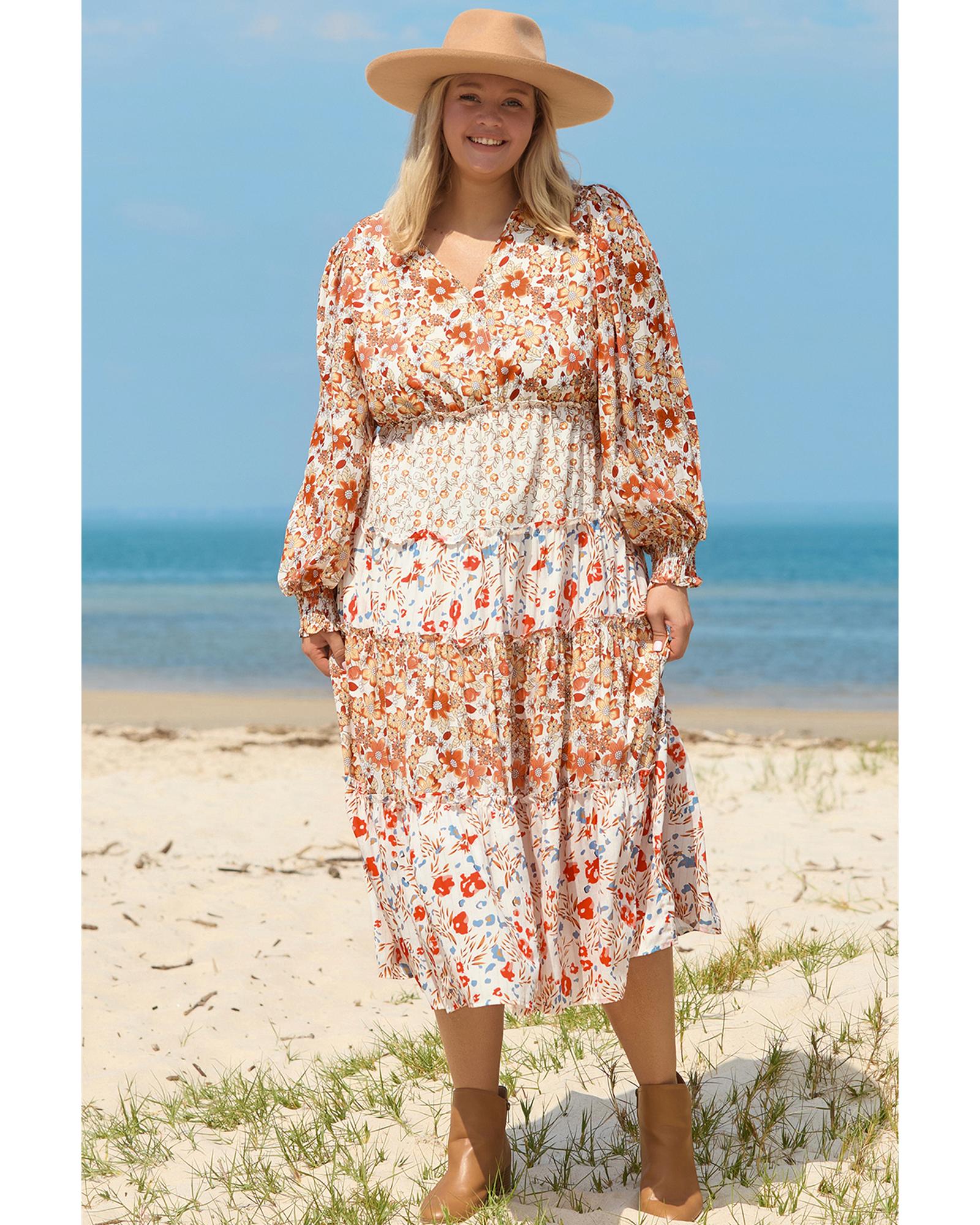 Khaki Plus Size Floral Tiered Ruffle Maxi Dress - 4X 5