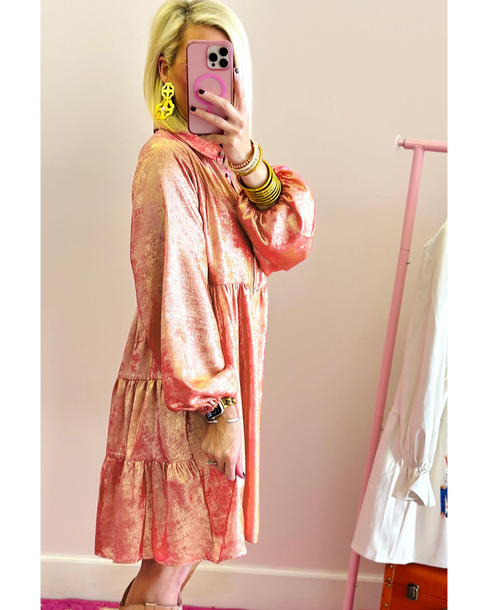 Peach Blossom Metallic Balloon Sleeve Shirt Plus Size Mini Dress - 1X