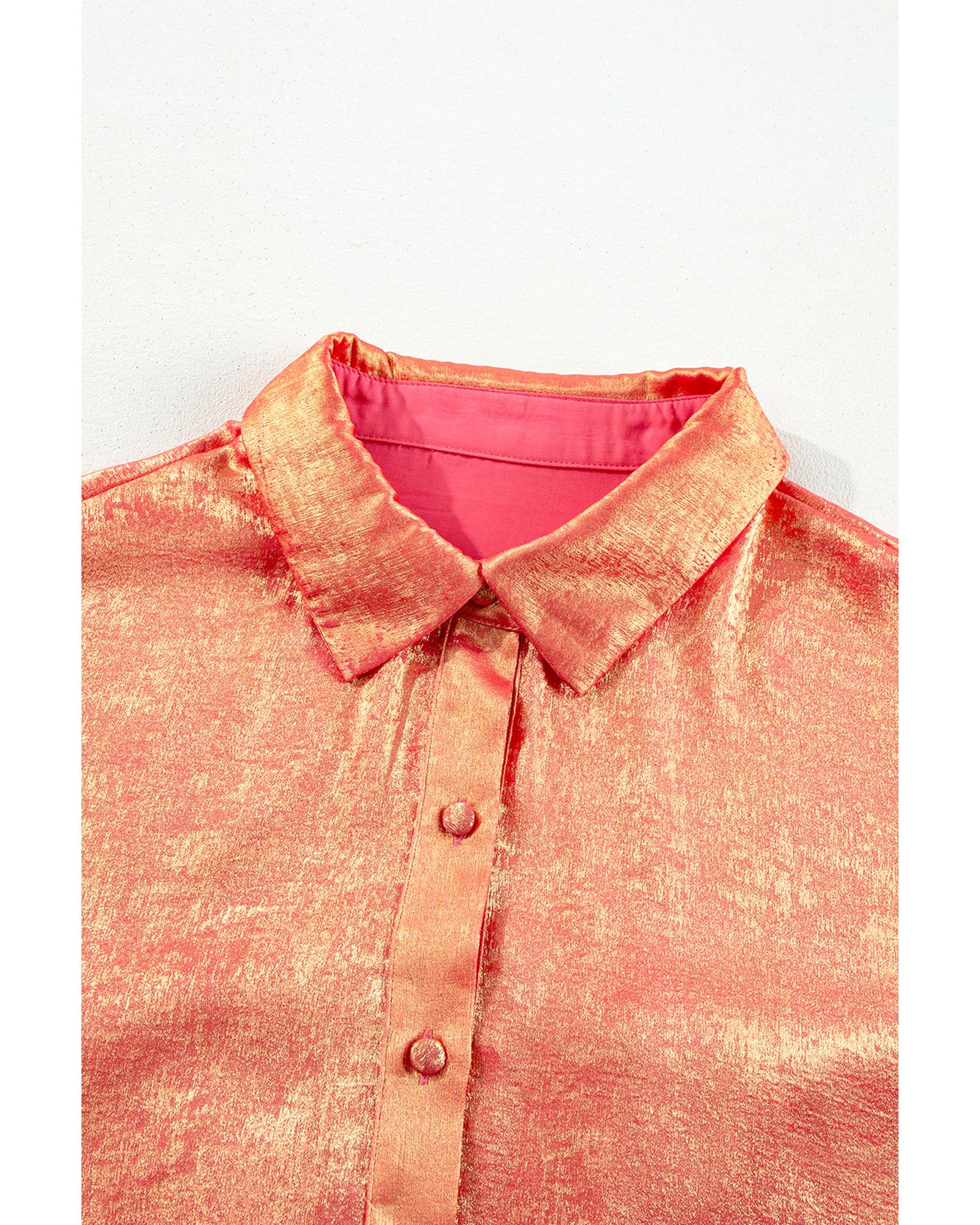 Peach Blossom Metallic Balloon Sleeve Shirt Plus Size Mini Dress - 2X