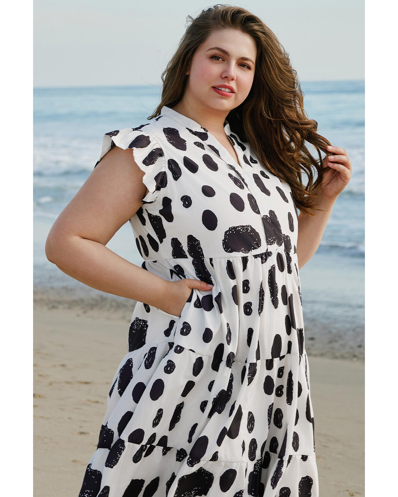 White Polka Dot Print Ruffled Sleeve Pocketed Plus Size Midi Dress - 2X 7