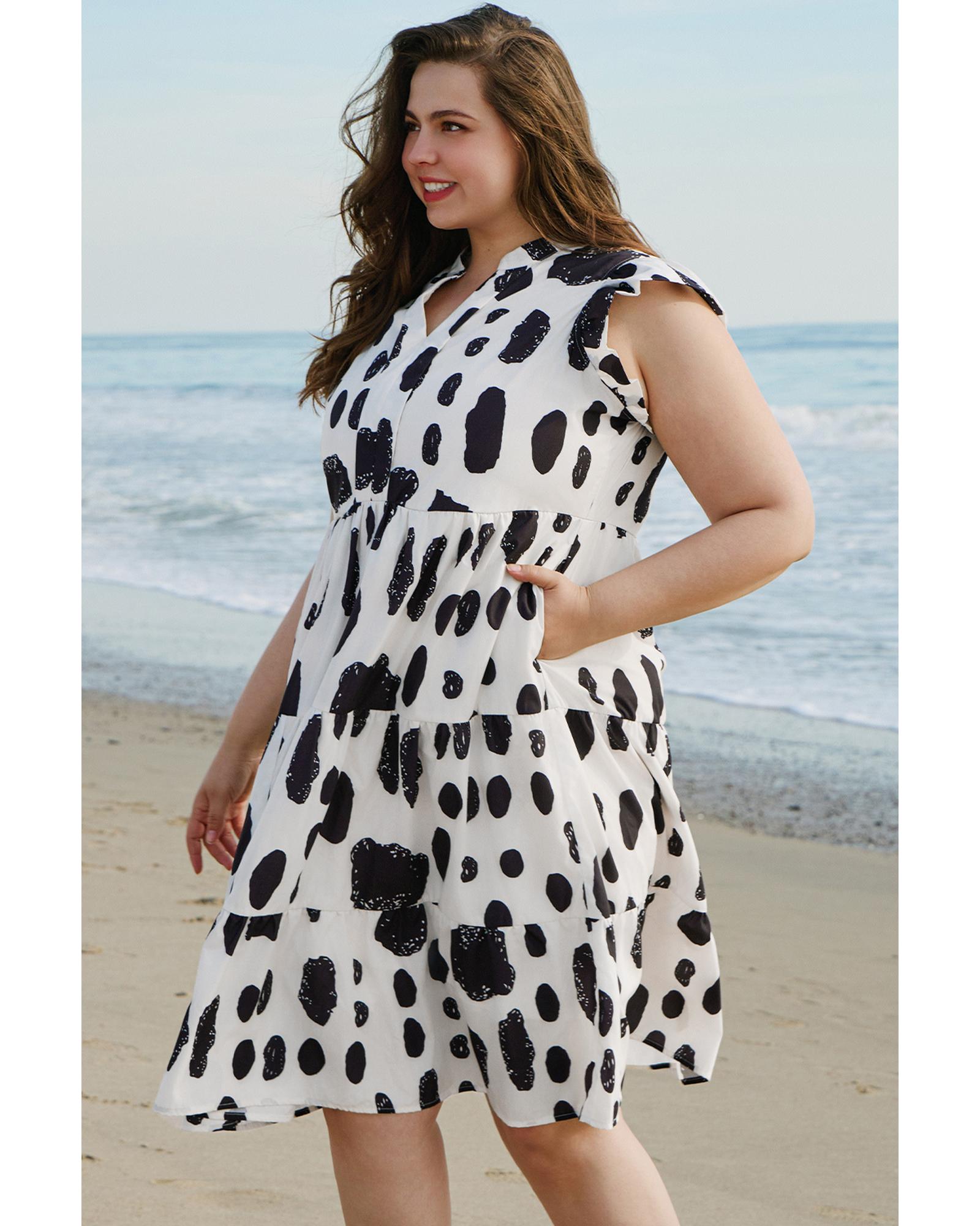 White Polka Dot Print Ruffled Sleeve Pocketed Plus Size Midi Dress - 4X 3