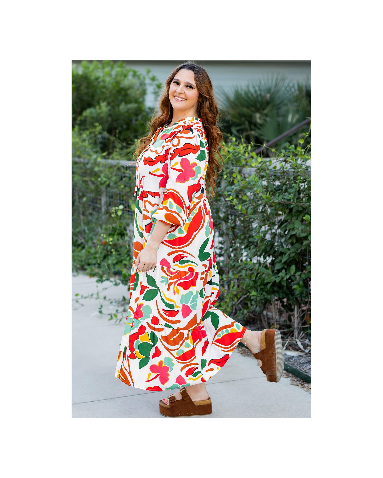 Orange Floral Print Drawstring V Neck Tiered Plus Size Dress - 1X 6