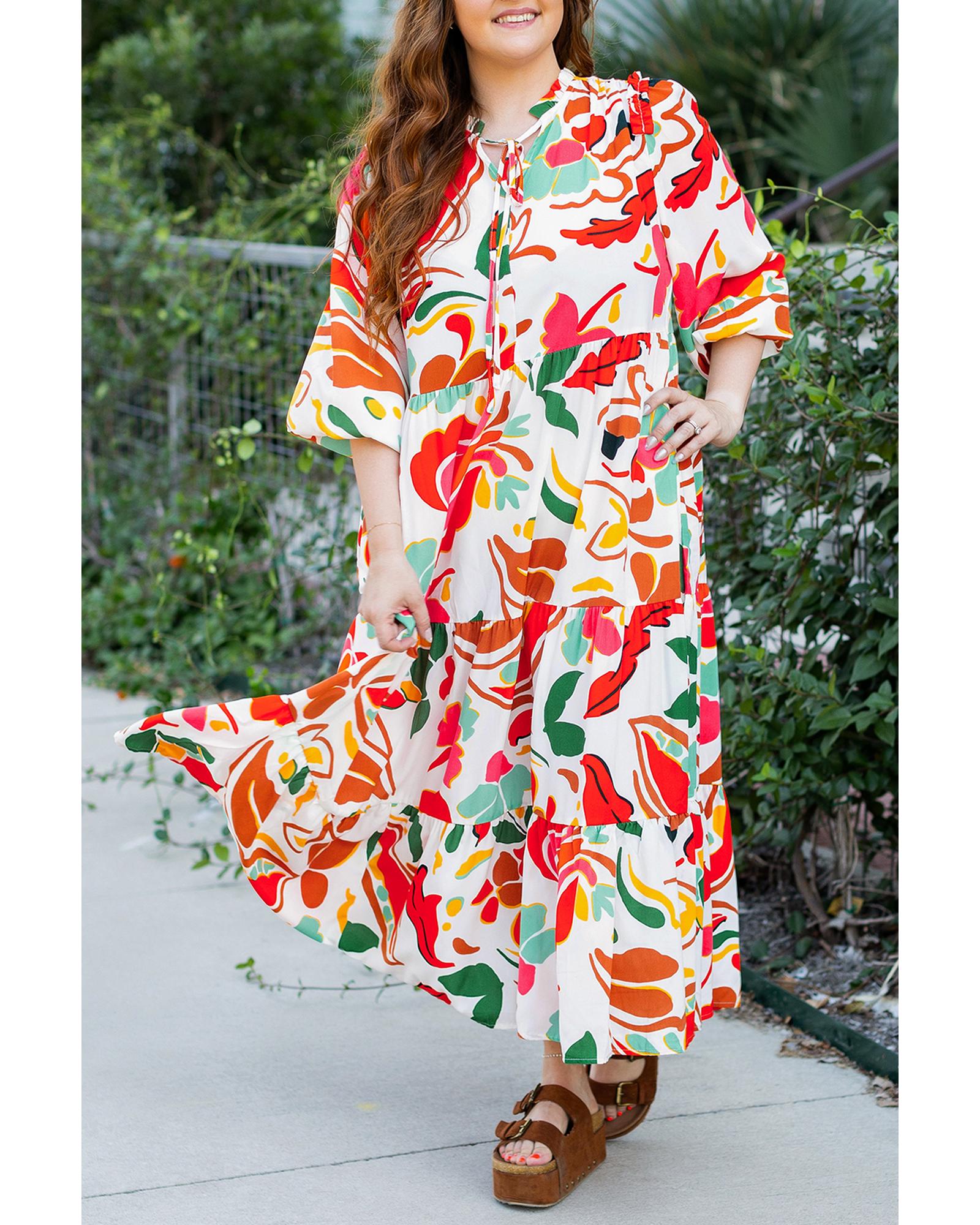 Orange Floral Print Drawstring V Neck Tiered Plus Size Dress - 1X 7