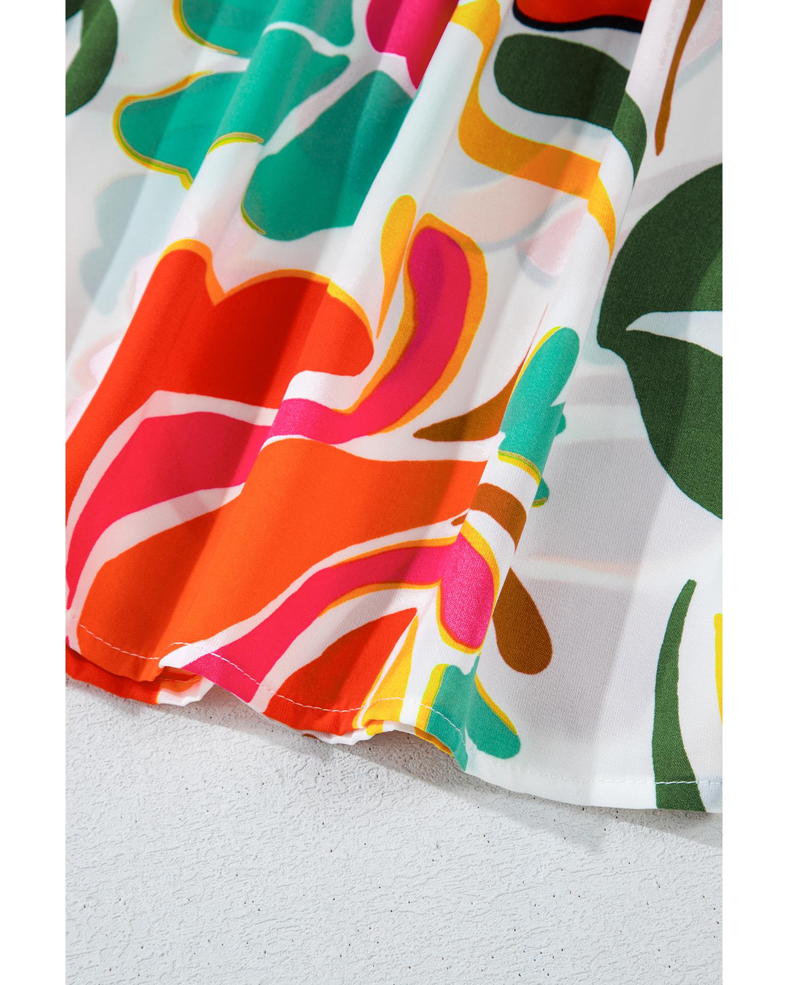 Orange Floral Print Drawstring V Neck Tiered Plus Size Dress - 1X 8