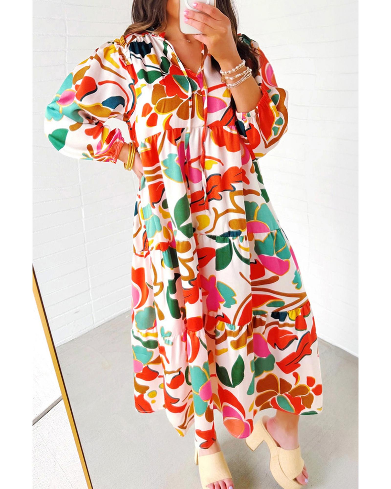 Orange Floral Print Drawstring V Neck Tiered Plus Size Dress - 2X