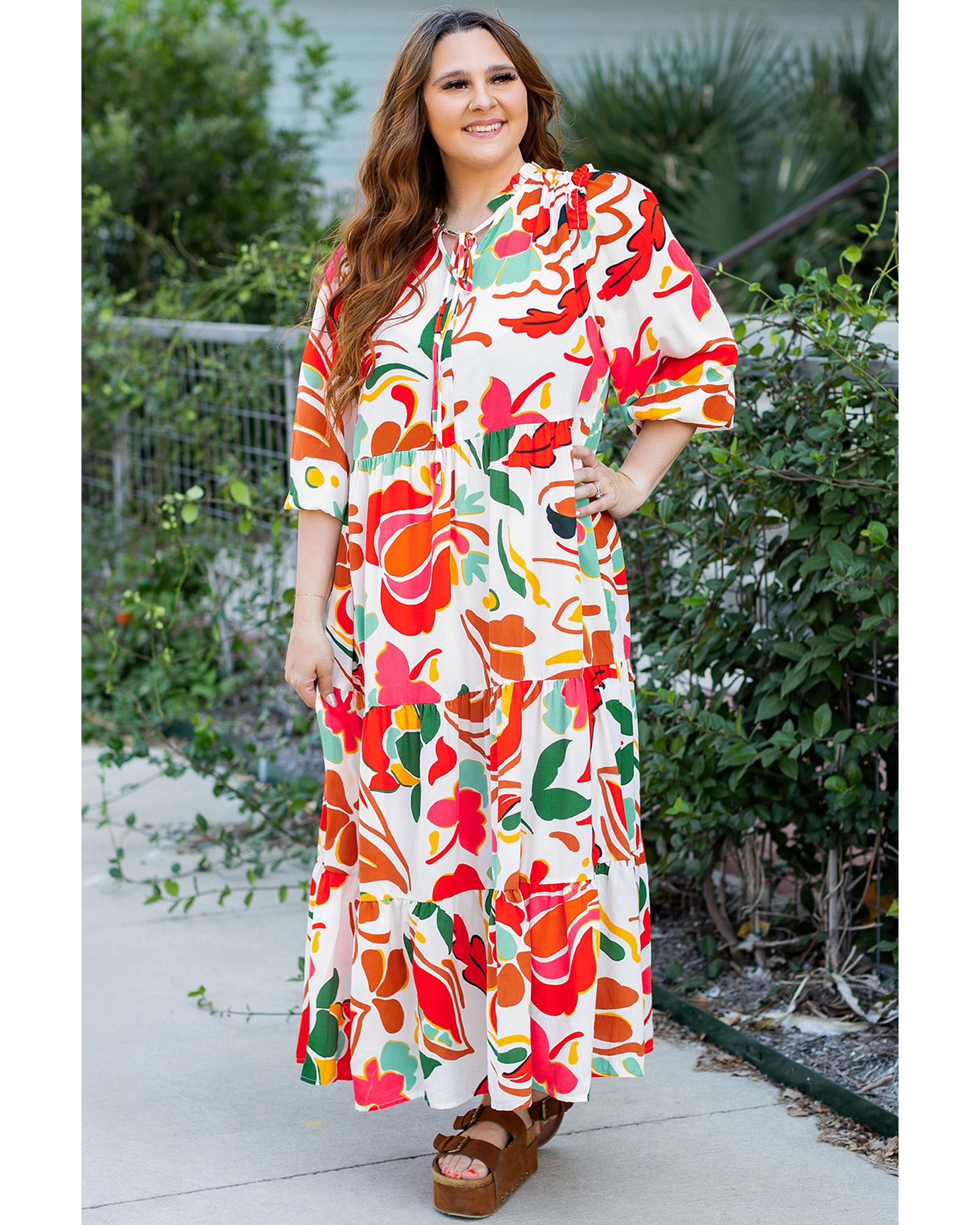 Orange Floral Print Drawstring V Neck Tiered Plus Size Dress - 2X 4