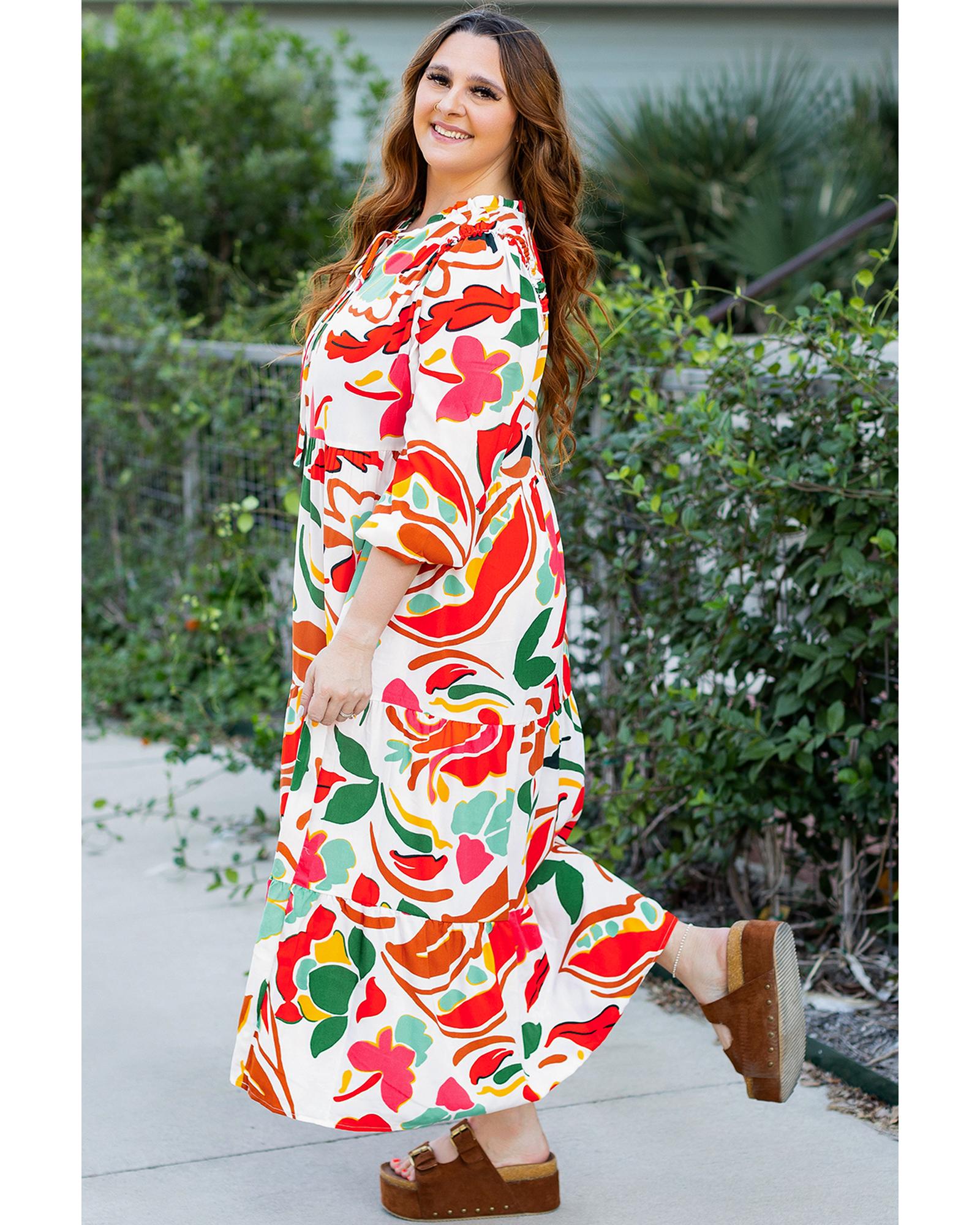 Orange Floral Print Drawstring V Neck Tiered Plus Size Dress - 2X 6