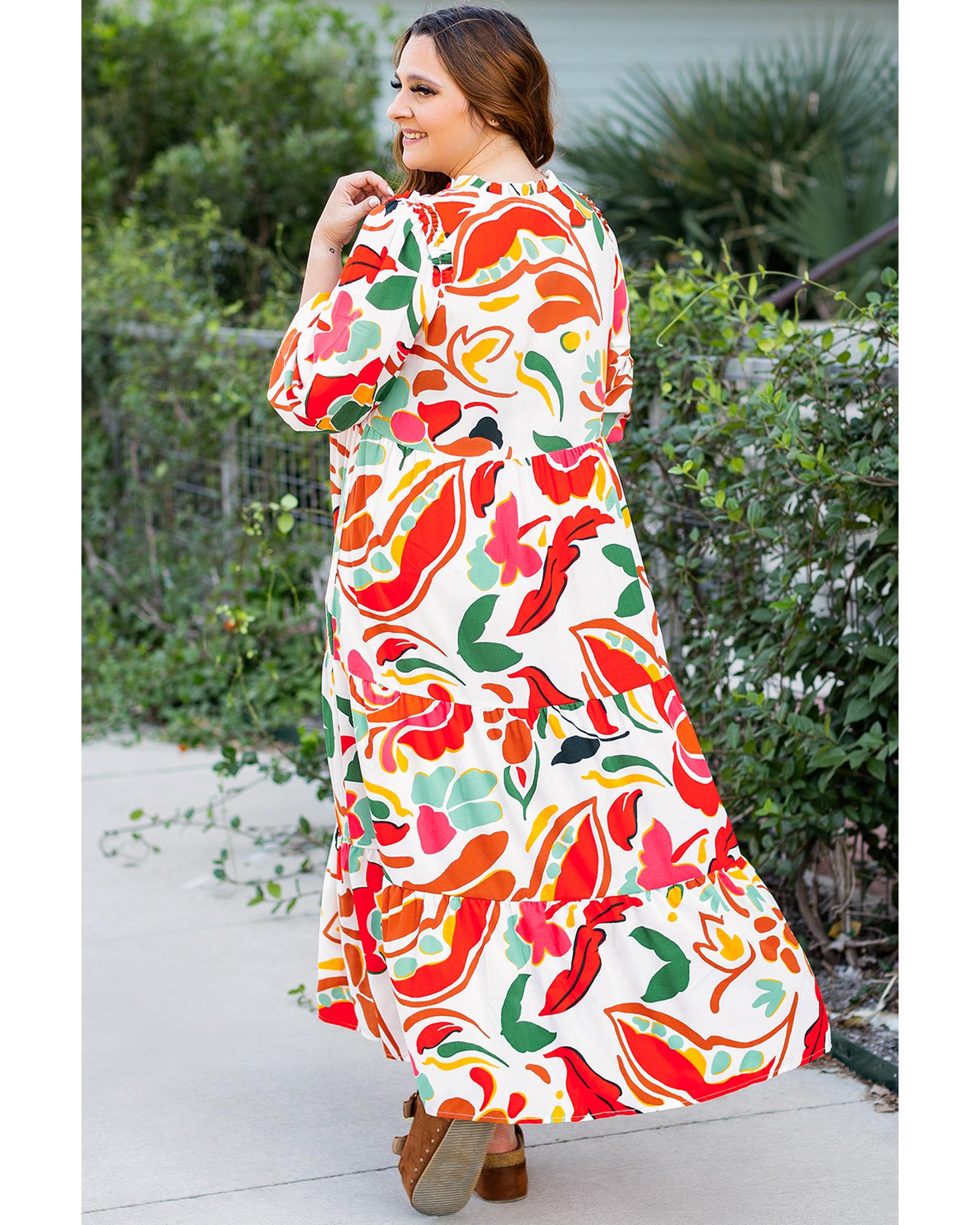 Orange Floral Print Drawstring V Neck Tiered Plus Size Dress - 3X 3