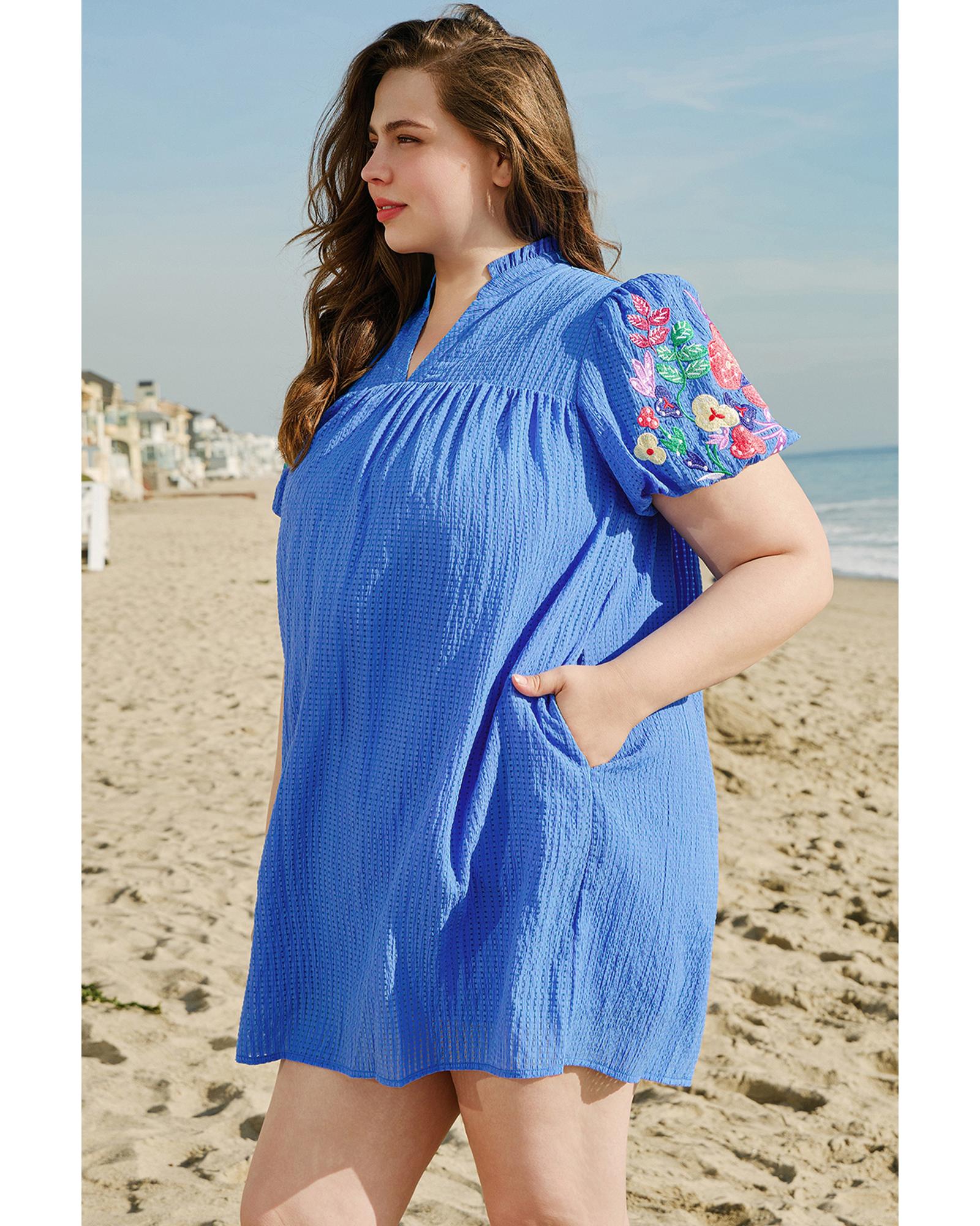 Sky Blue Plus Size Floral Embroidered Puff Sleeve Gingham Mini Dress - 2X 3