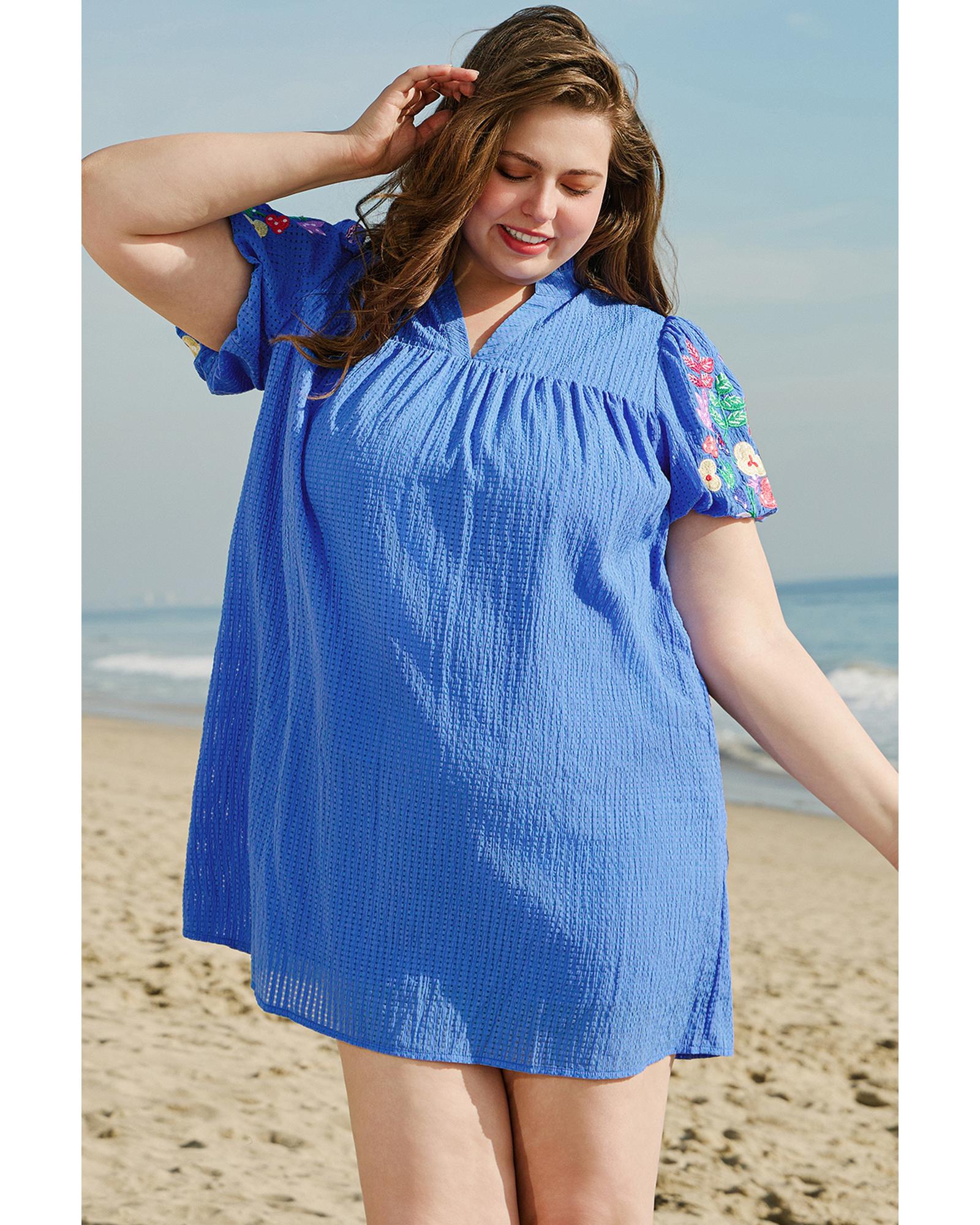 Sky Blue Plus Size Floral Embroidered Puff Sleeve Gingham Mini Dress - 2X 4