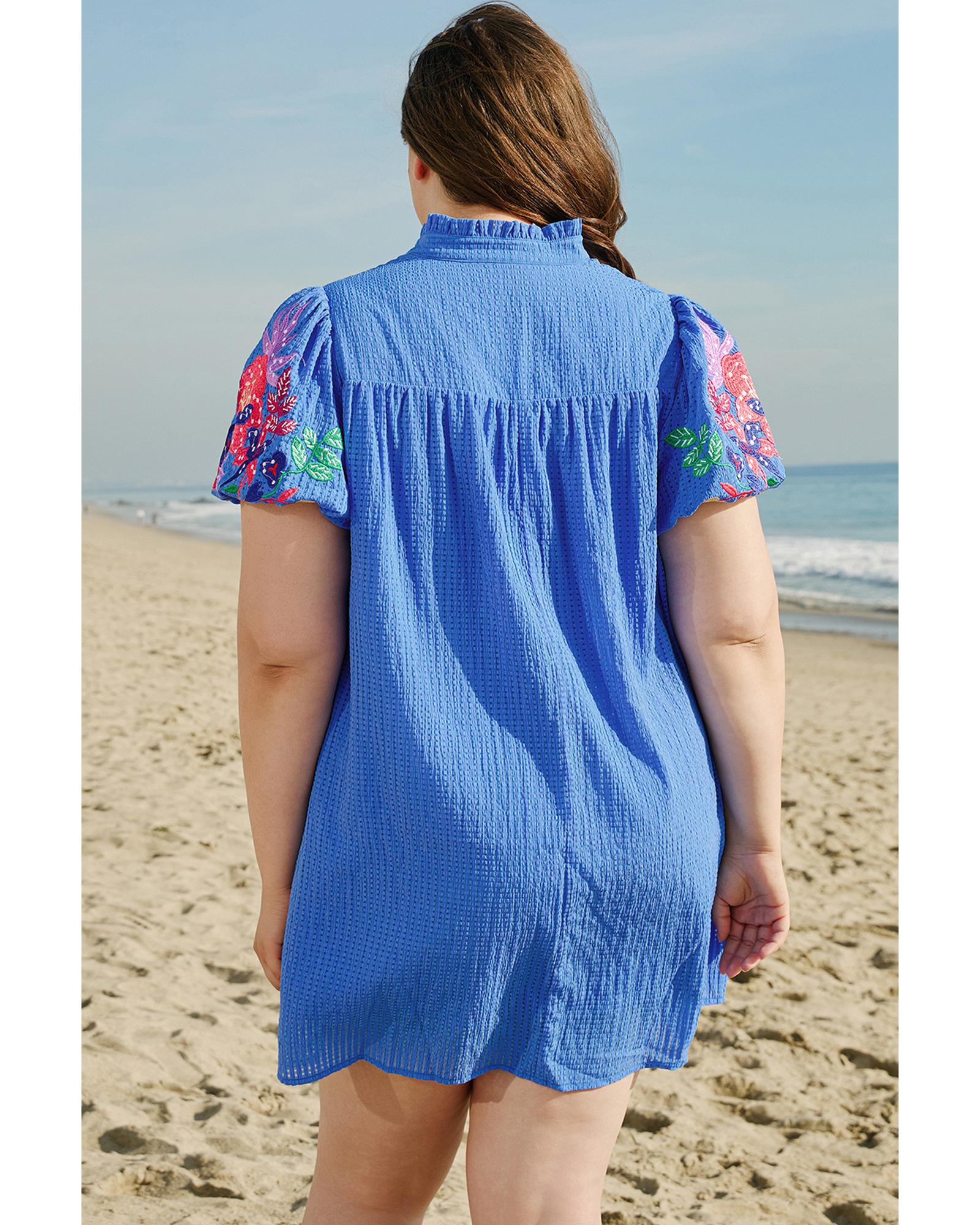 Sky Blue Plus Size Floral Embroidered Puff Sleeve Gingham Mini Dress - 4X