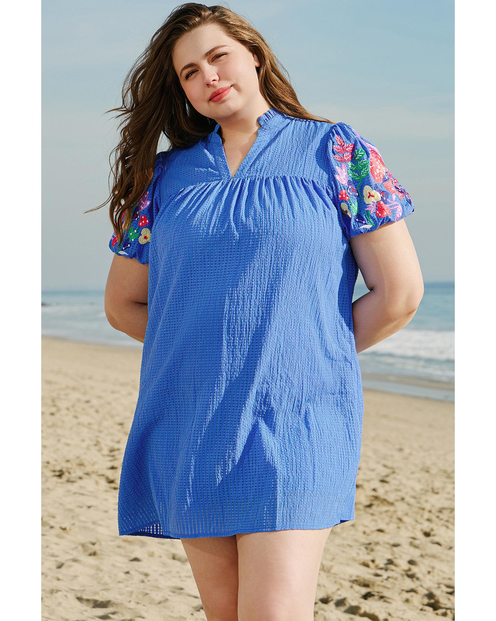 Sky Blue Plus Size Floral Embroidered Puff Sleeve Gingham Mini Dress - 4X 5