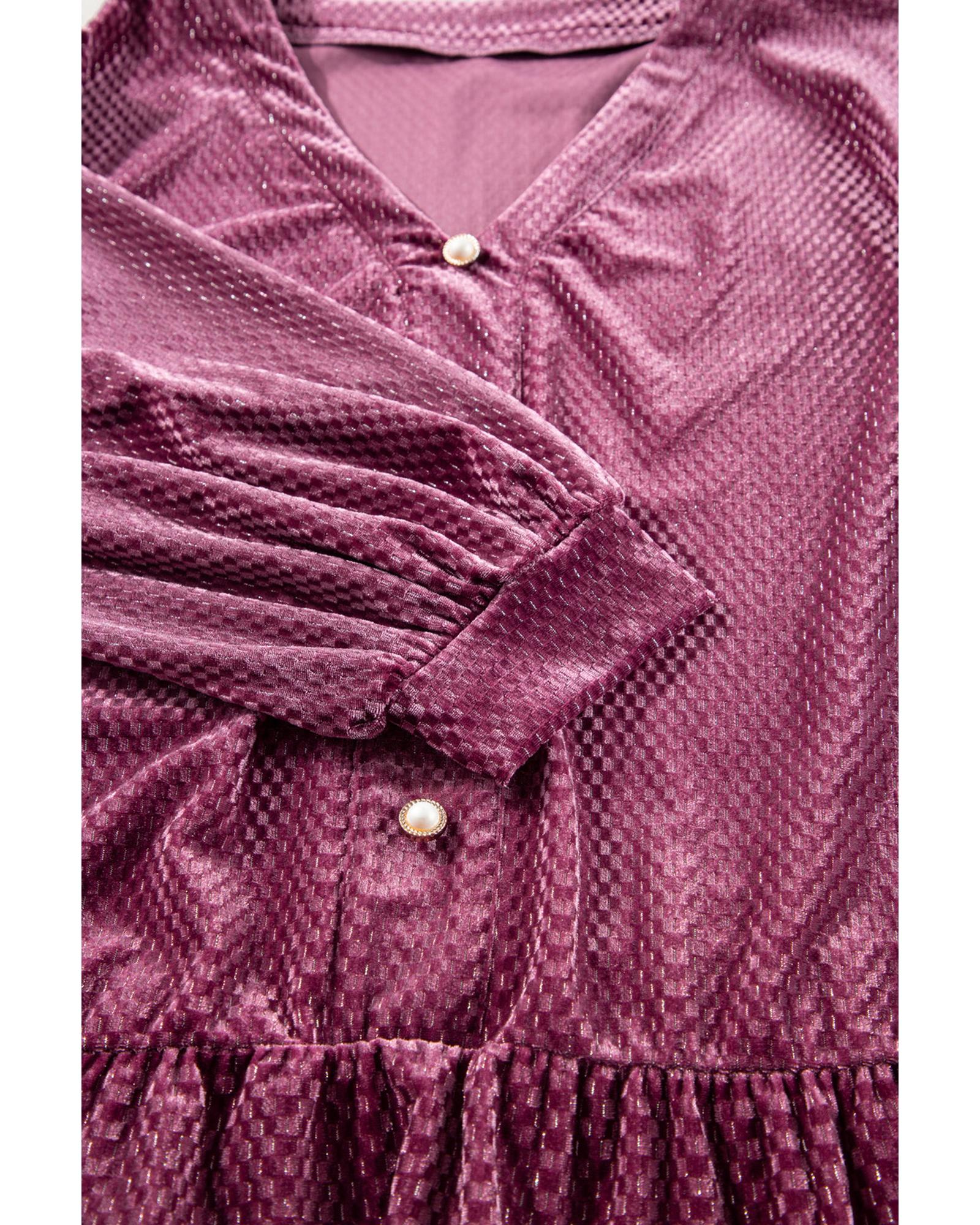 Meadow Mauve Plus Size Textured Velvet Tiered Buttons Tiered Dress - 1X