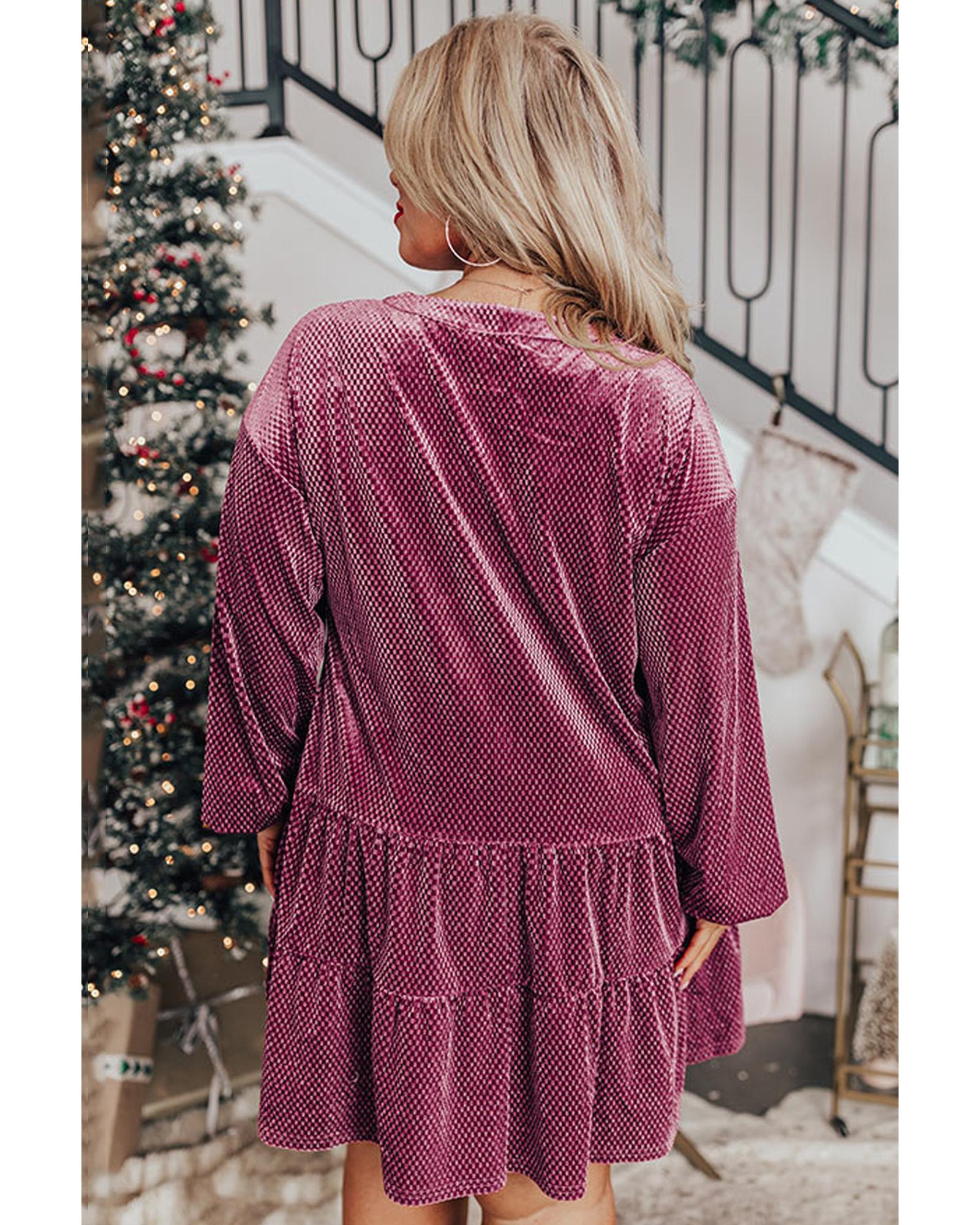 Meadow Mauve Plus Size Textured Velvet Tiered Buttons Tiered Dress - 1X 3