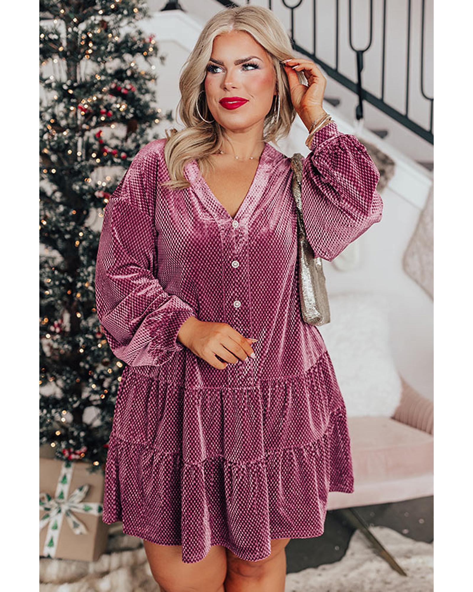 Meadow Mauve Plus Size Textured Velvet Tiered Buttons Tiered Dress - 2X 8