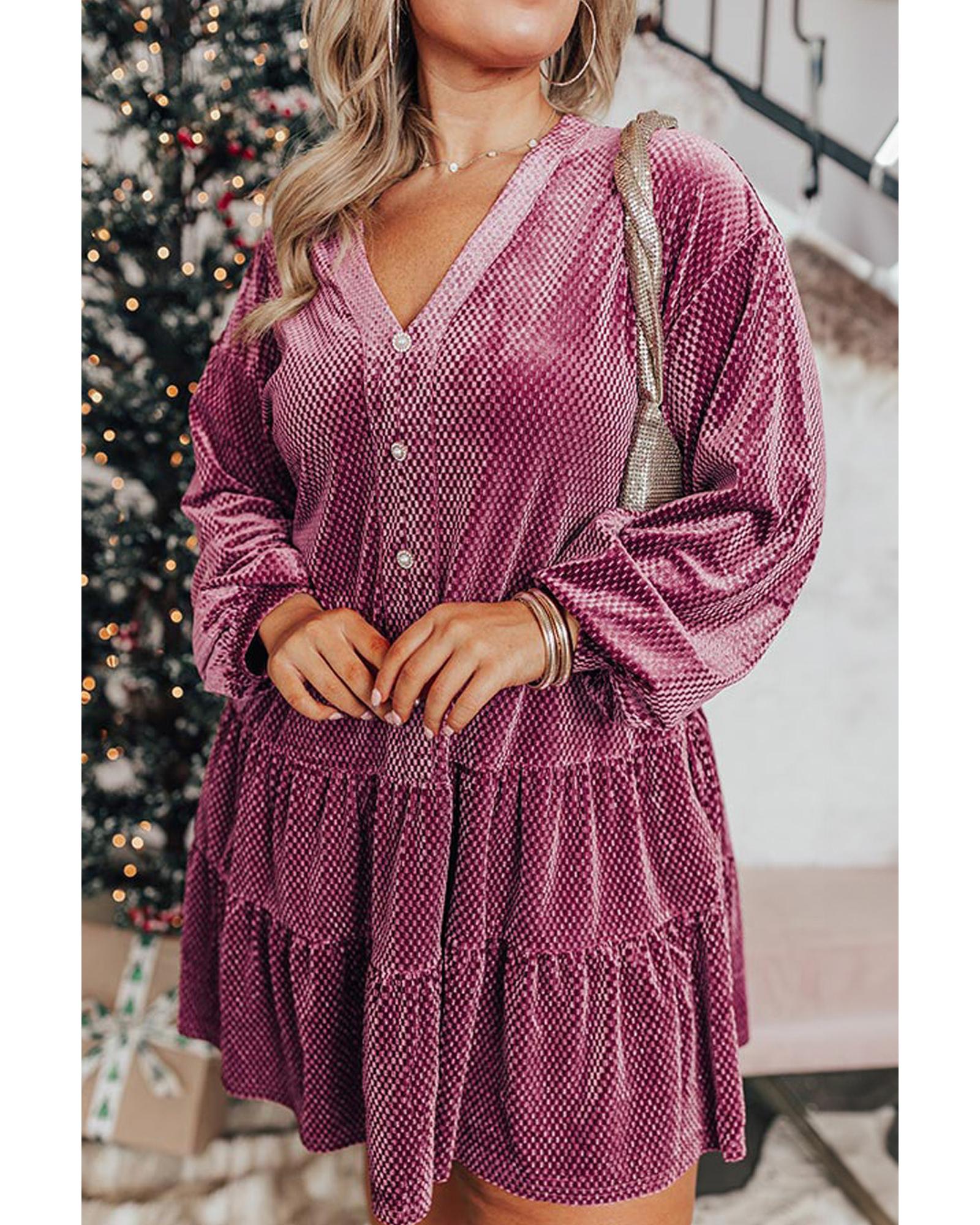 Meadow Mauve Plus Size Textured Velvet Tiered Buttons Tiered Dress - 3X 7