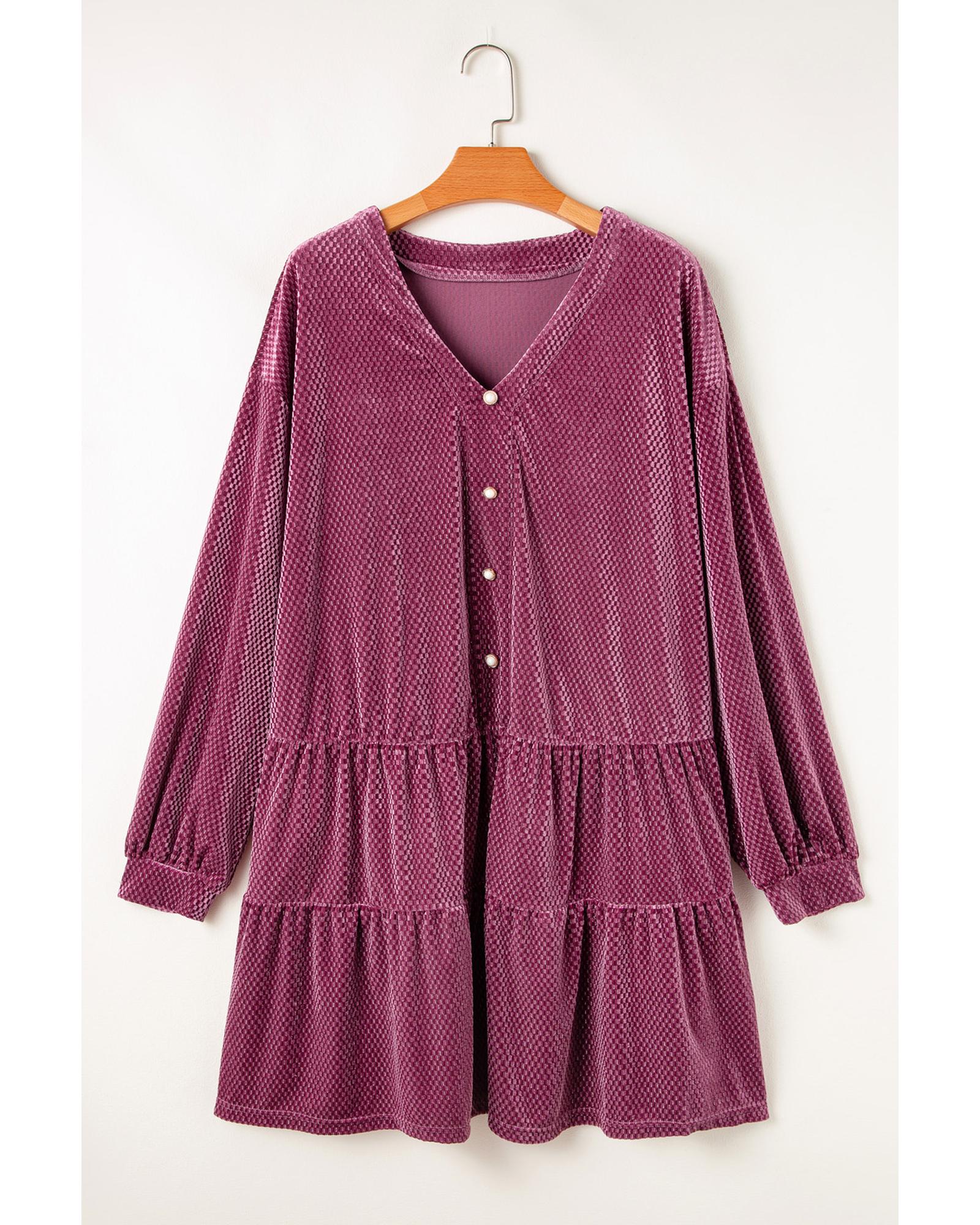 Meadow Mauve Plus Size Textured Velvet Tiered Buttons Tiered Dress - 4X 4