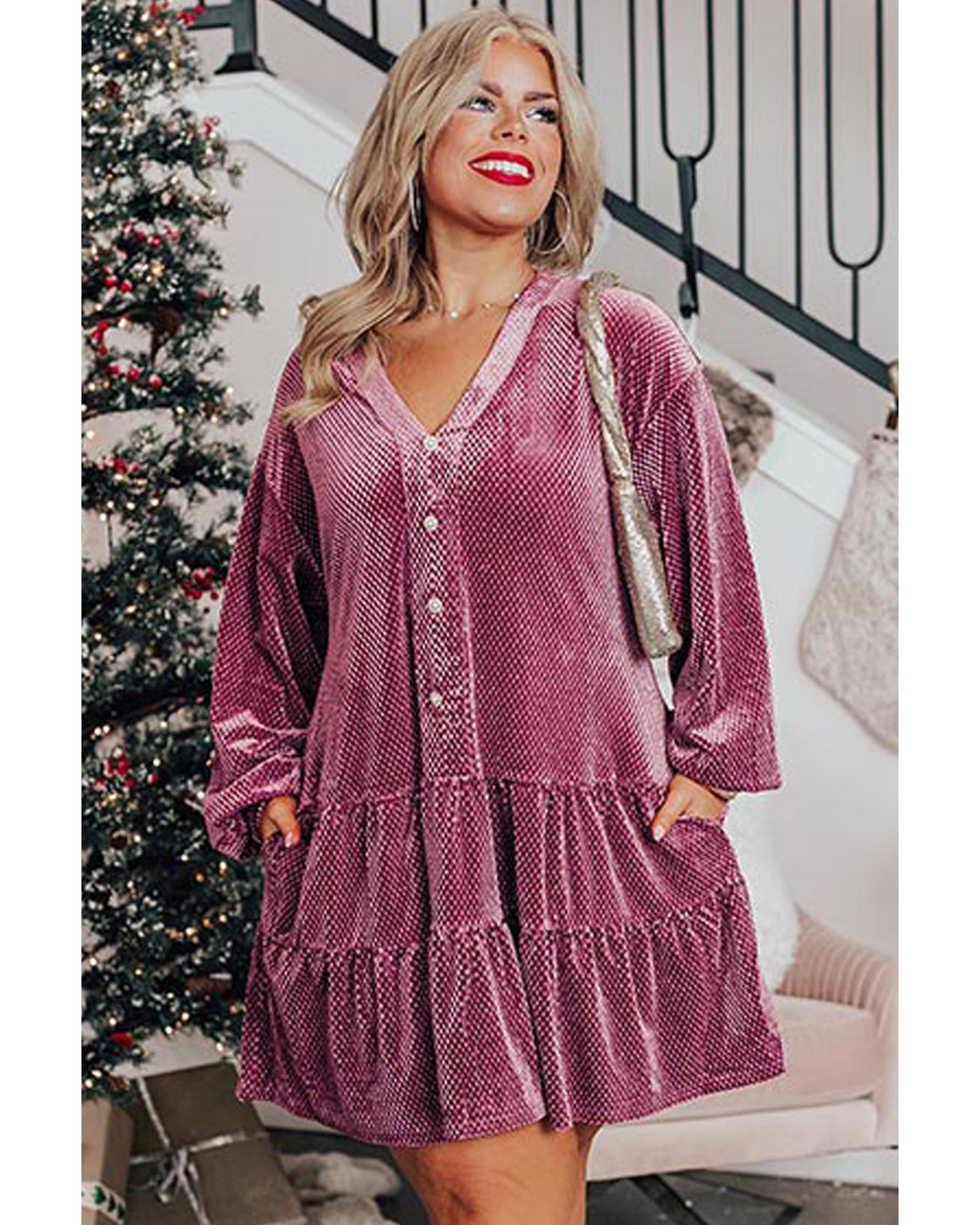 Meadow Mauve Plus Size Textured Velvet Tiered Buttons Tiered Dress - 4X 5
