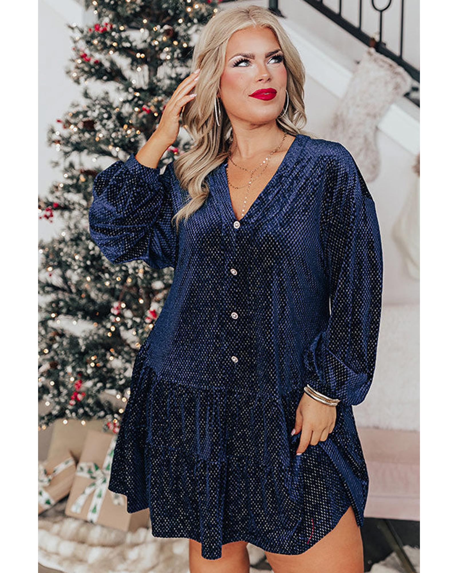 Navy Blue Plus Size Textured Velvet Tiered Button V Neck Dress - 2X 8