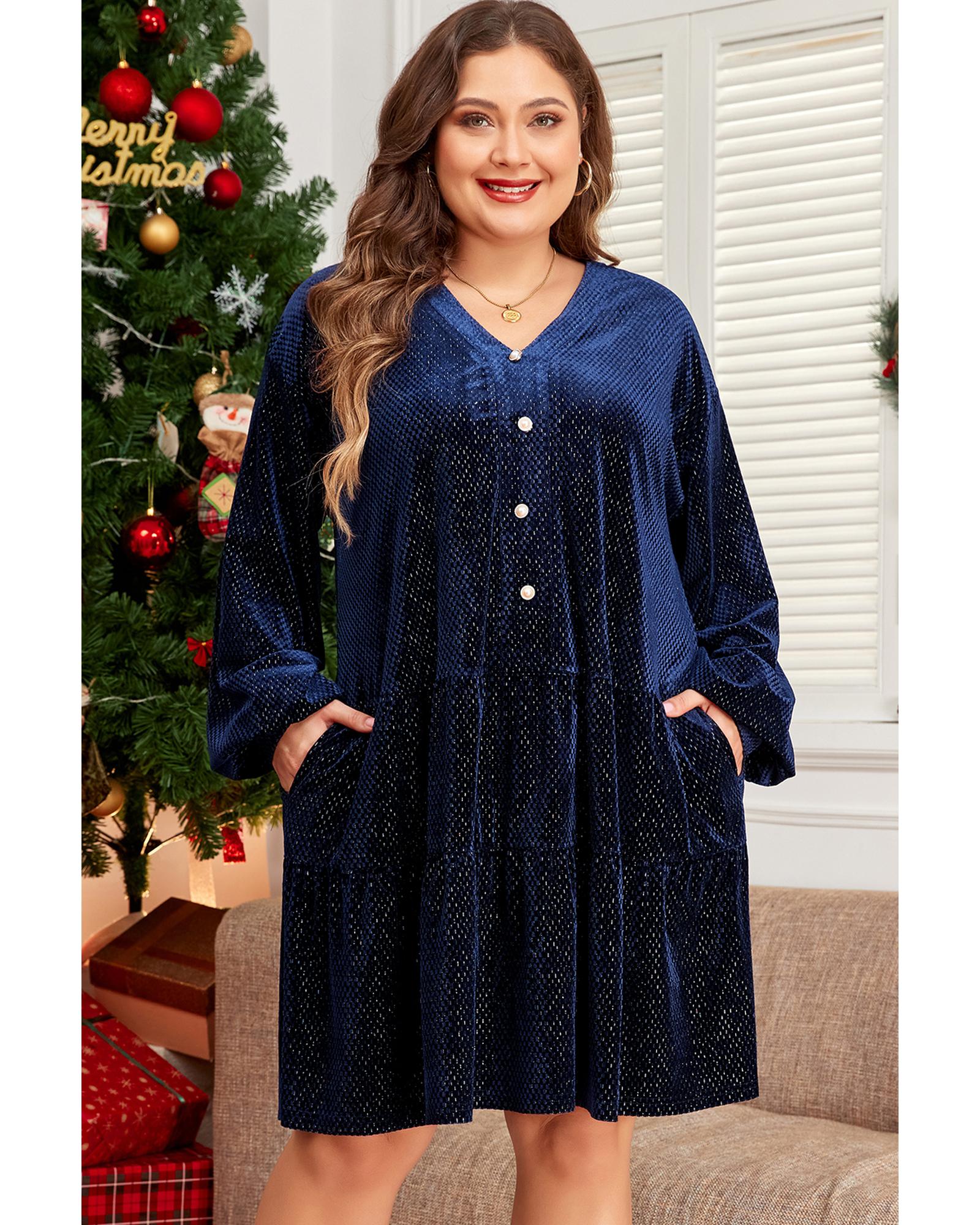 Navy Blue Plus Size Textured Velvet Tiered Button V Neck Dress - 3X 4