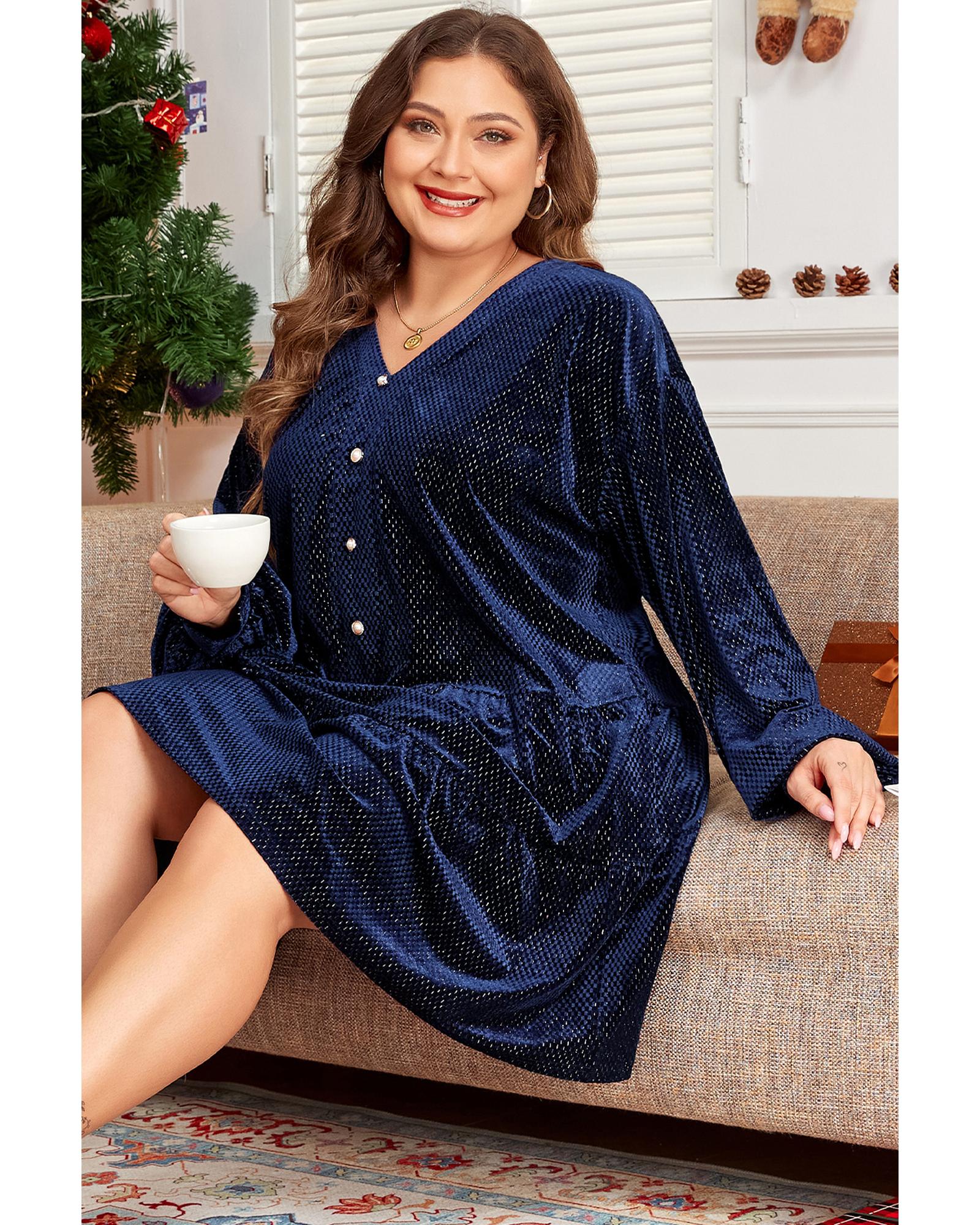 Navy Blue Plus Size Textured Velvet Tiered Button V Neck Dress - 3X 5