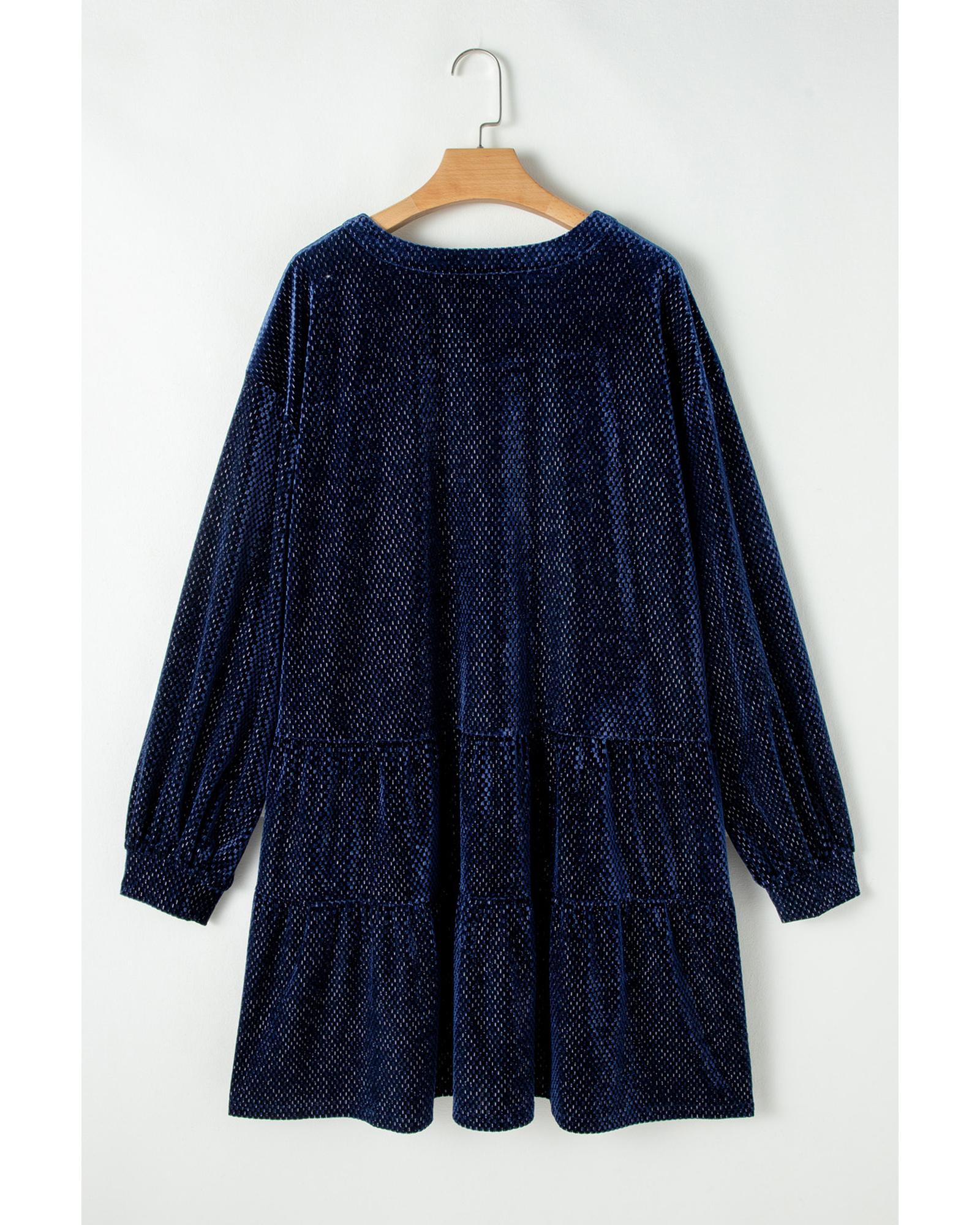 Navy Blue Plus Size Textured Velvet Tiered Button V Neck Dress - 4X 6