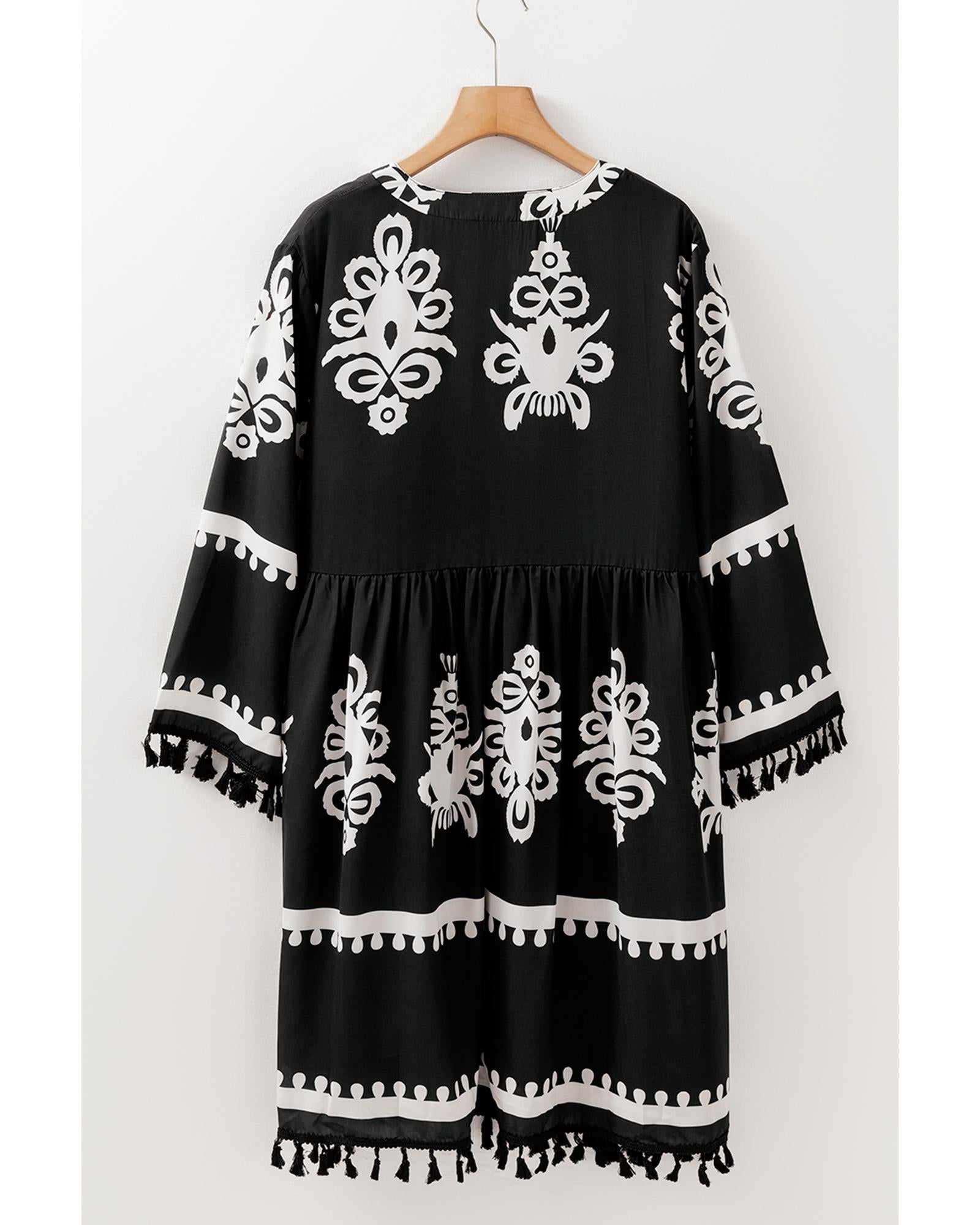 Black Plus Size Western Floral Print Fringed V Neck Dress - 3X 3