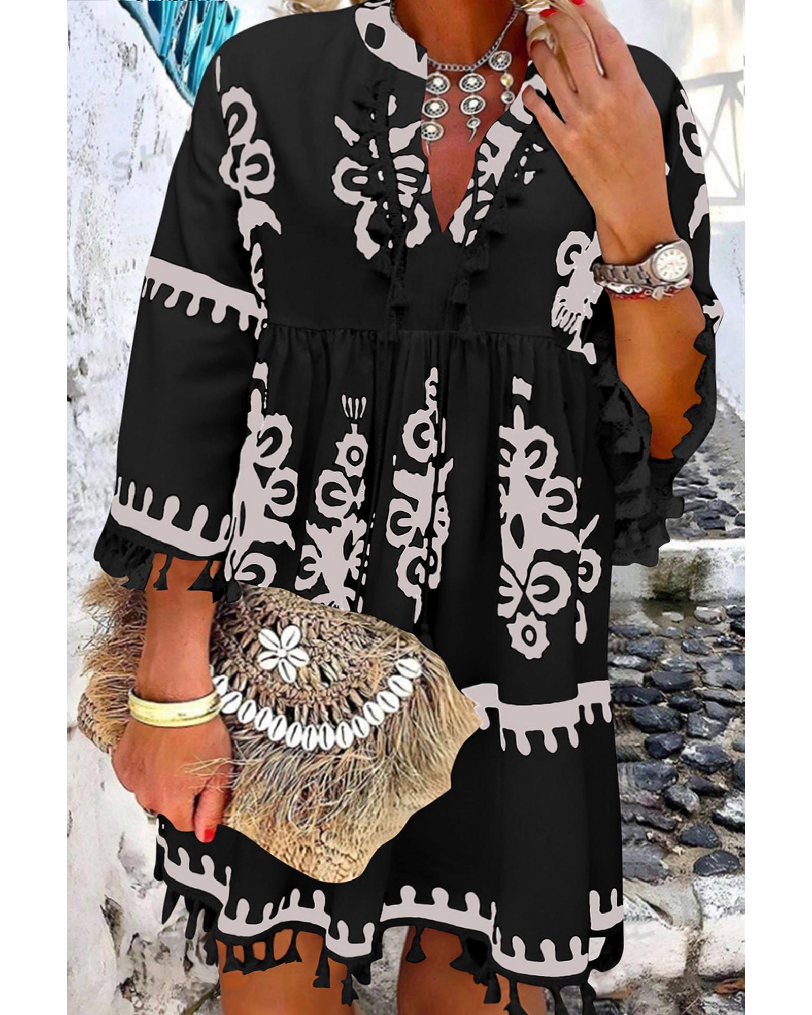 Black Plus Size Western Floral Print Fringed V Neck Dress - 3X 5